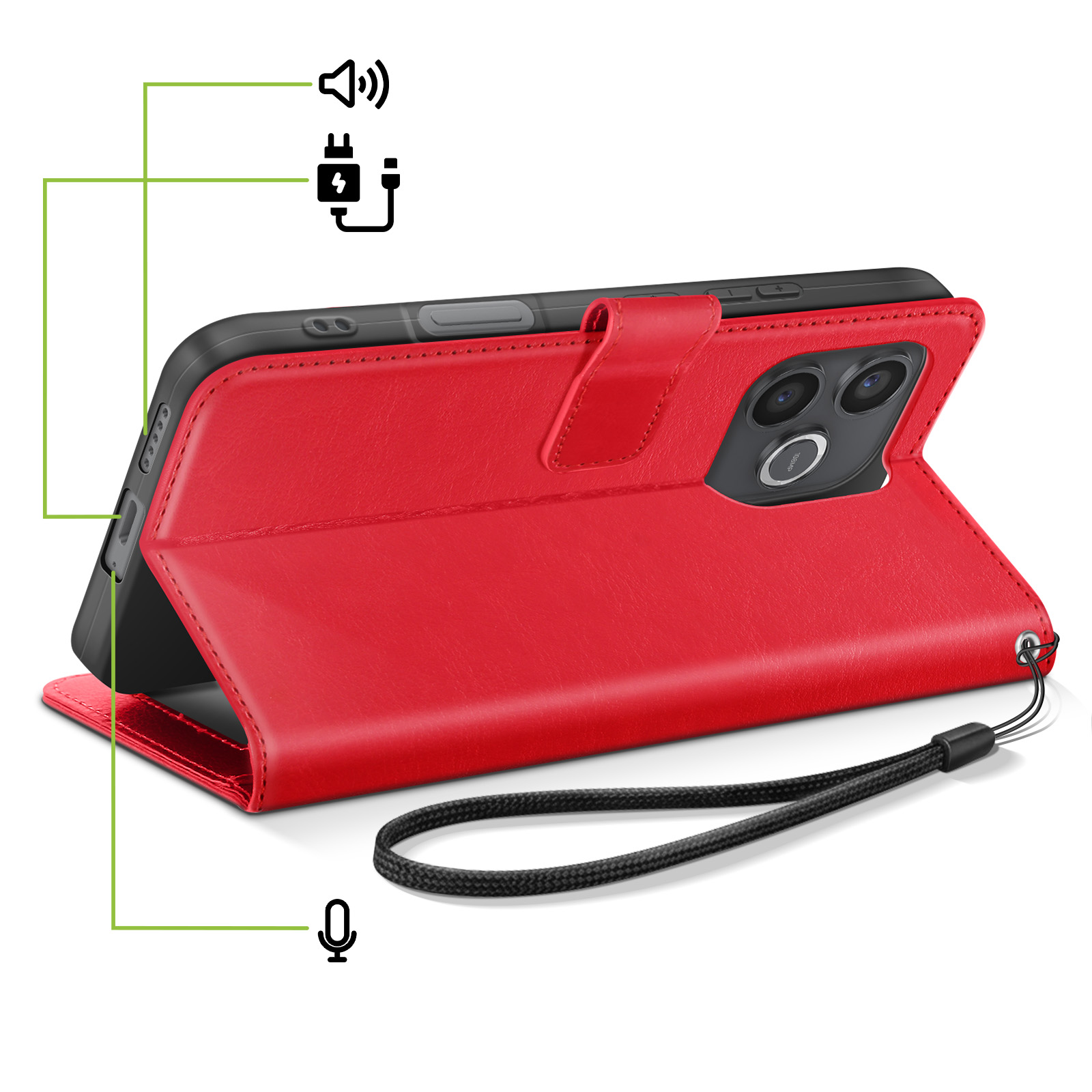Étui de téléphone rouge avec icônes de haut-parleur, charge et micro.
