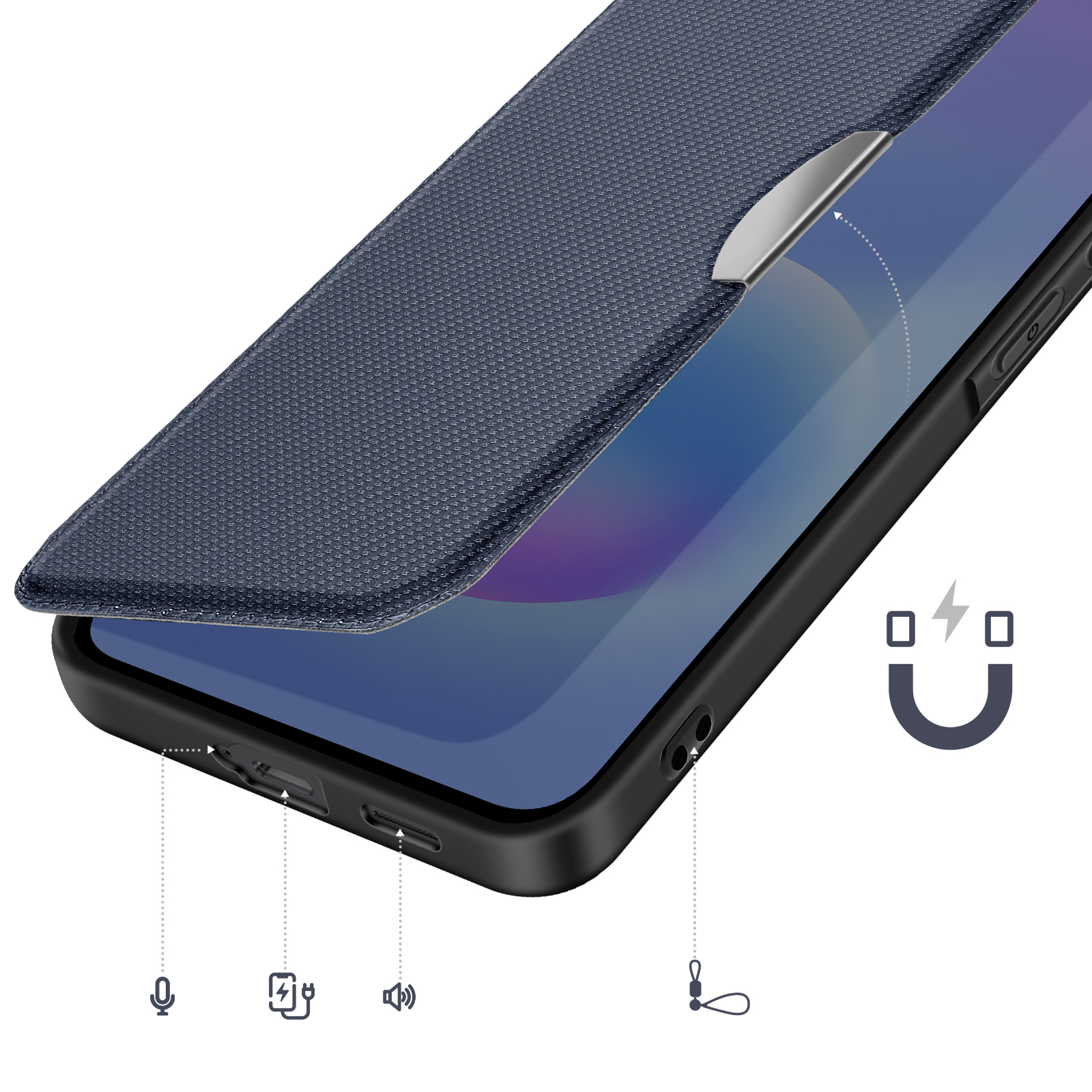 Dunkelblaues Handycover mit Metallakzent. Symbole für Mikrofon, Laden, Lautsprecher.