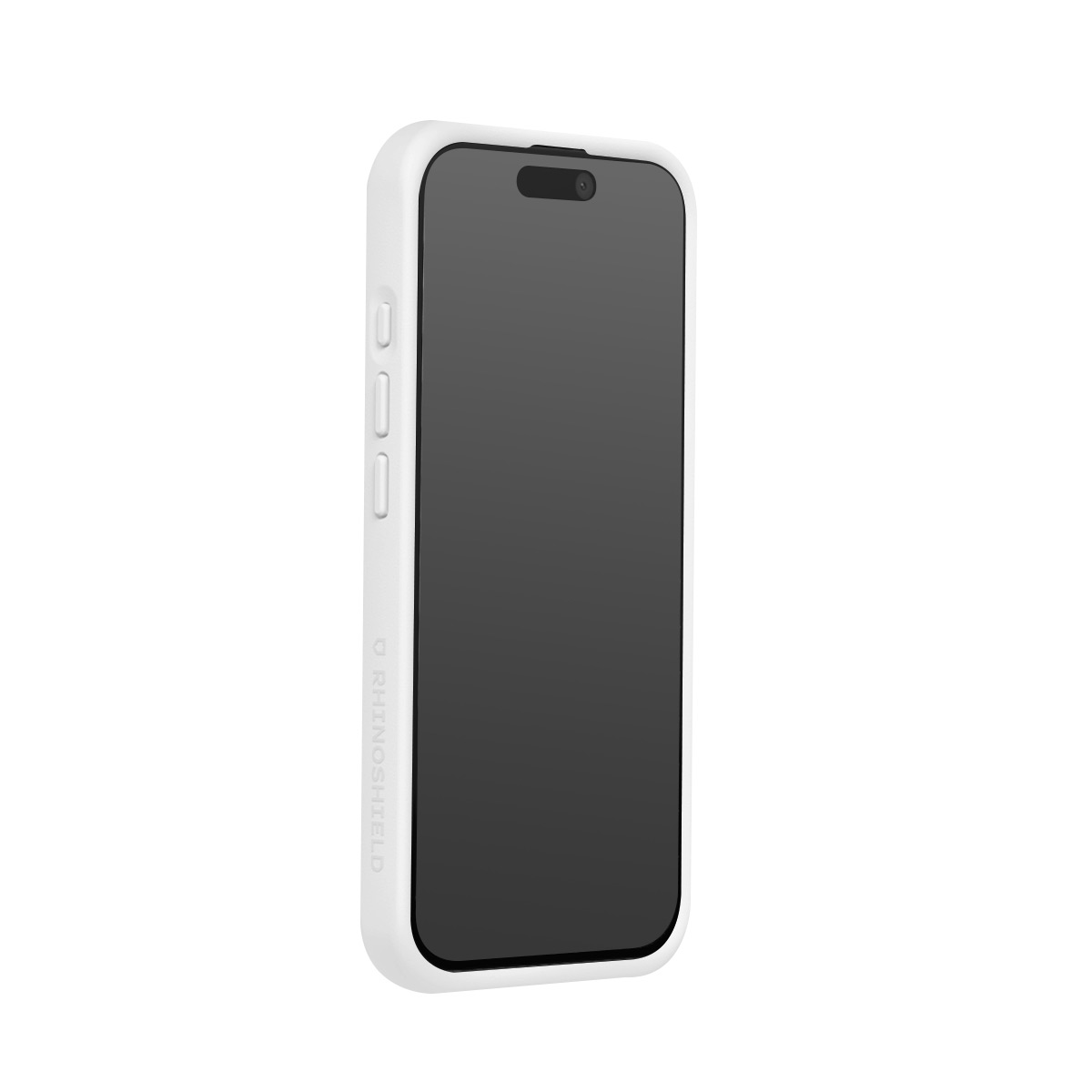 Een witte telefoonhoes met een donker scherm en knoppen. De merknaam is zichtbaar.