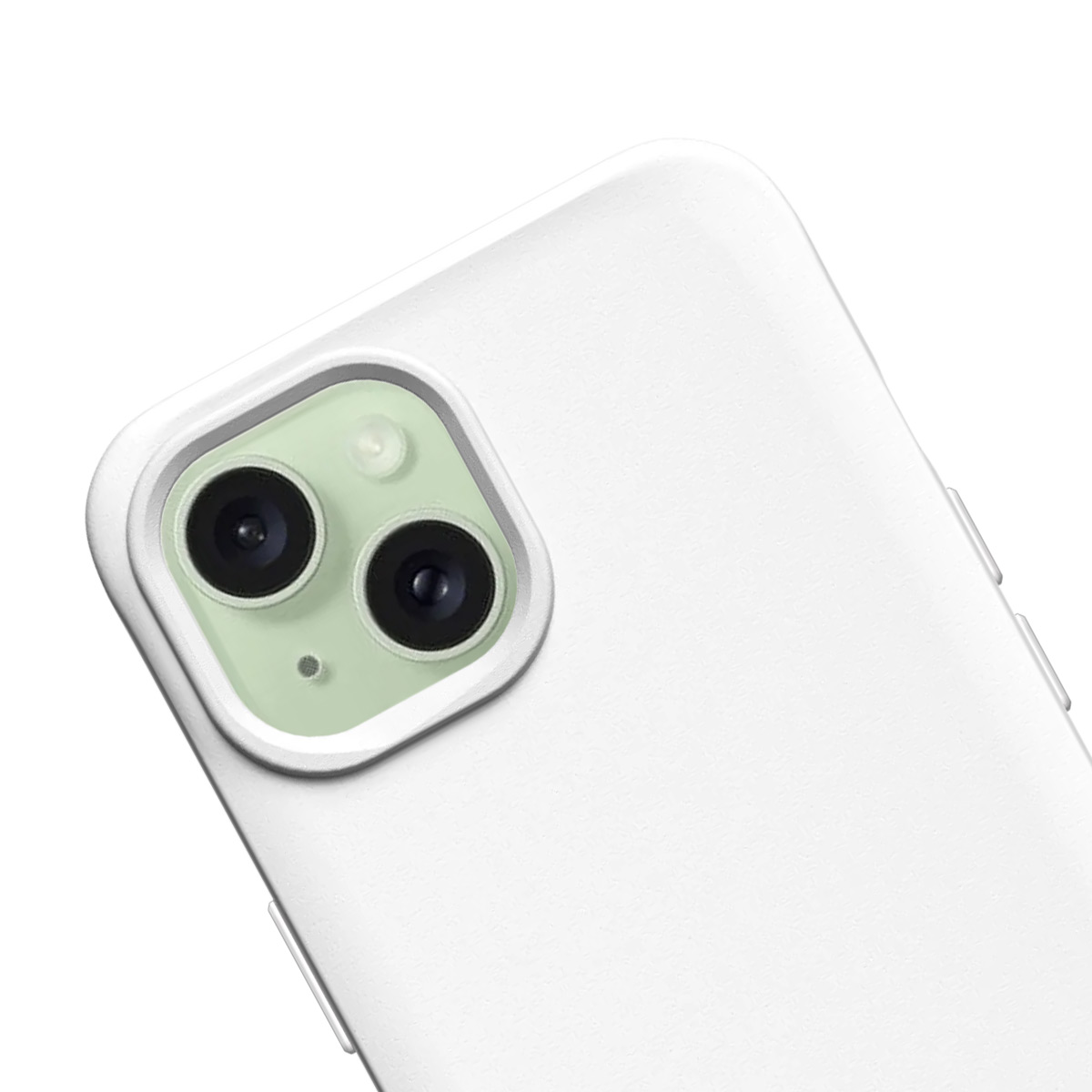 Een witte telefoonhoes met een dubbele camera module aan de achterkant.