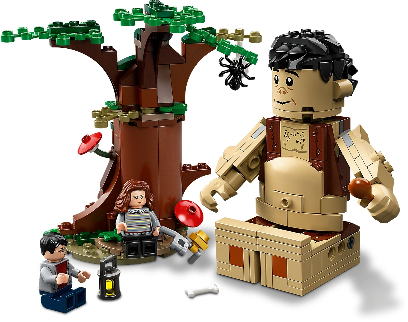 LEGO-Figuren Harry, Hermine und Hagrid stehen vor einem Baum mit einer Spinne und Pilzen.