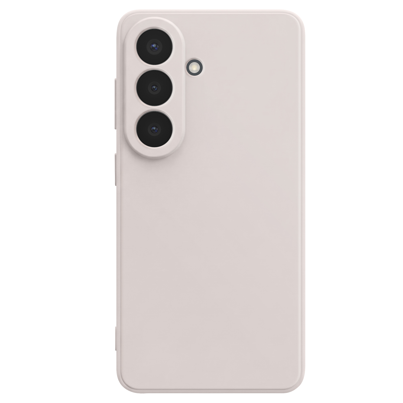 Een lichtroze smartphone met drie camera's en flitser aan de achterkant.