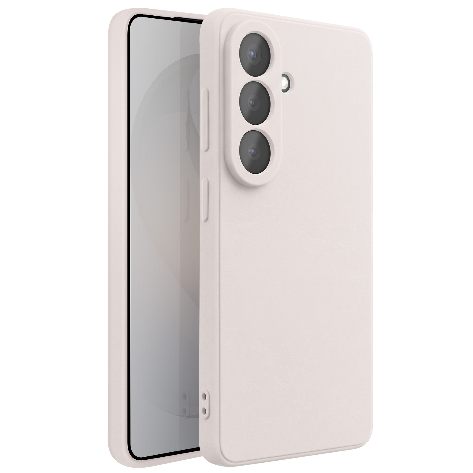 Een lichtroze smartphone met een drievoudige cameralensmodule, deels in hoes.