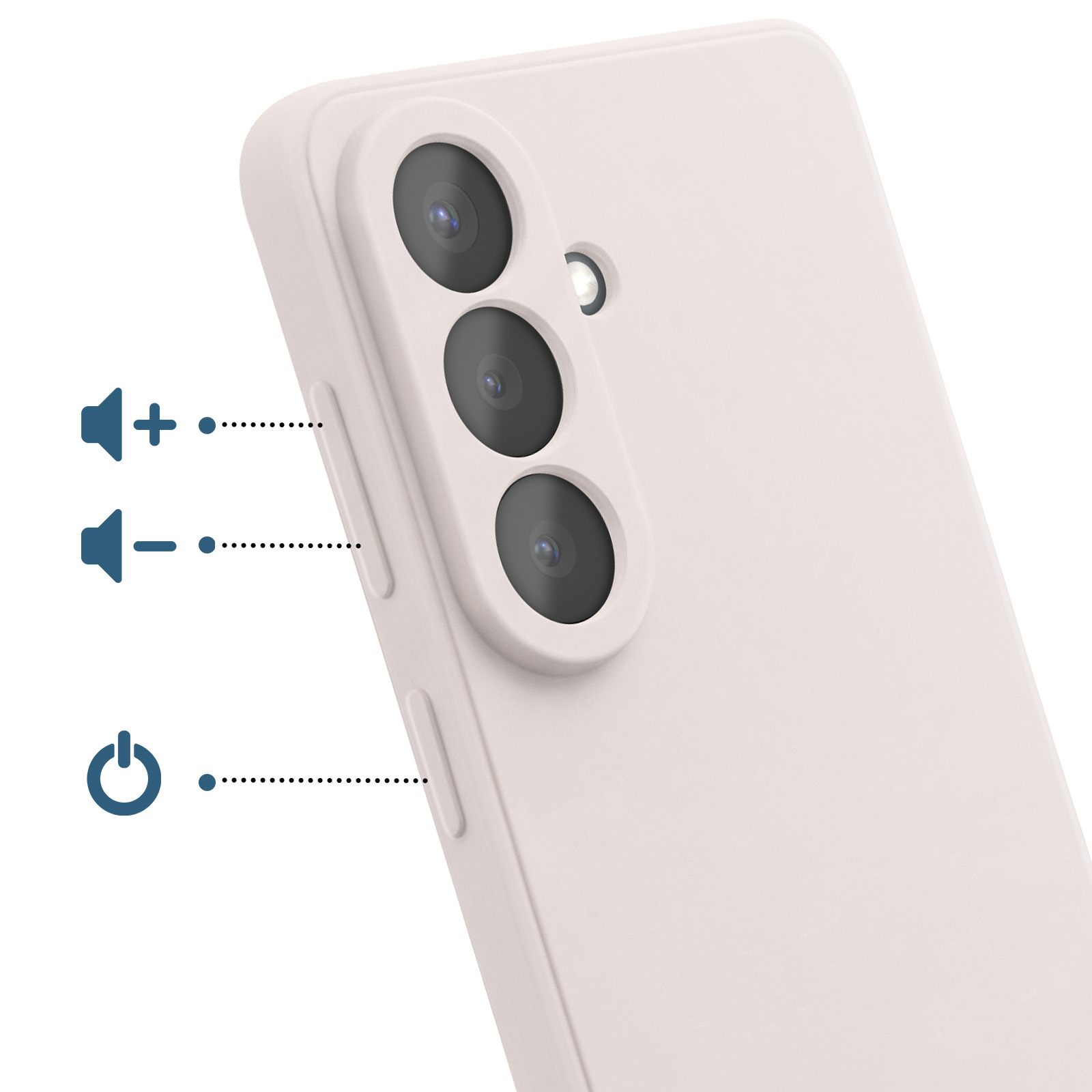 Close-up van een lichtroze telefoonhoesje met drie cameralenzen en iconen.