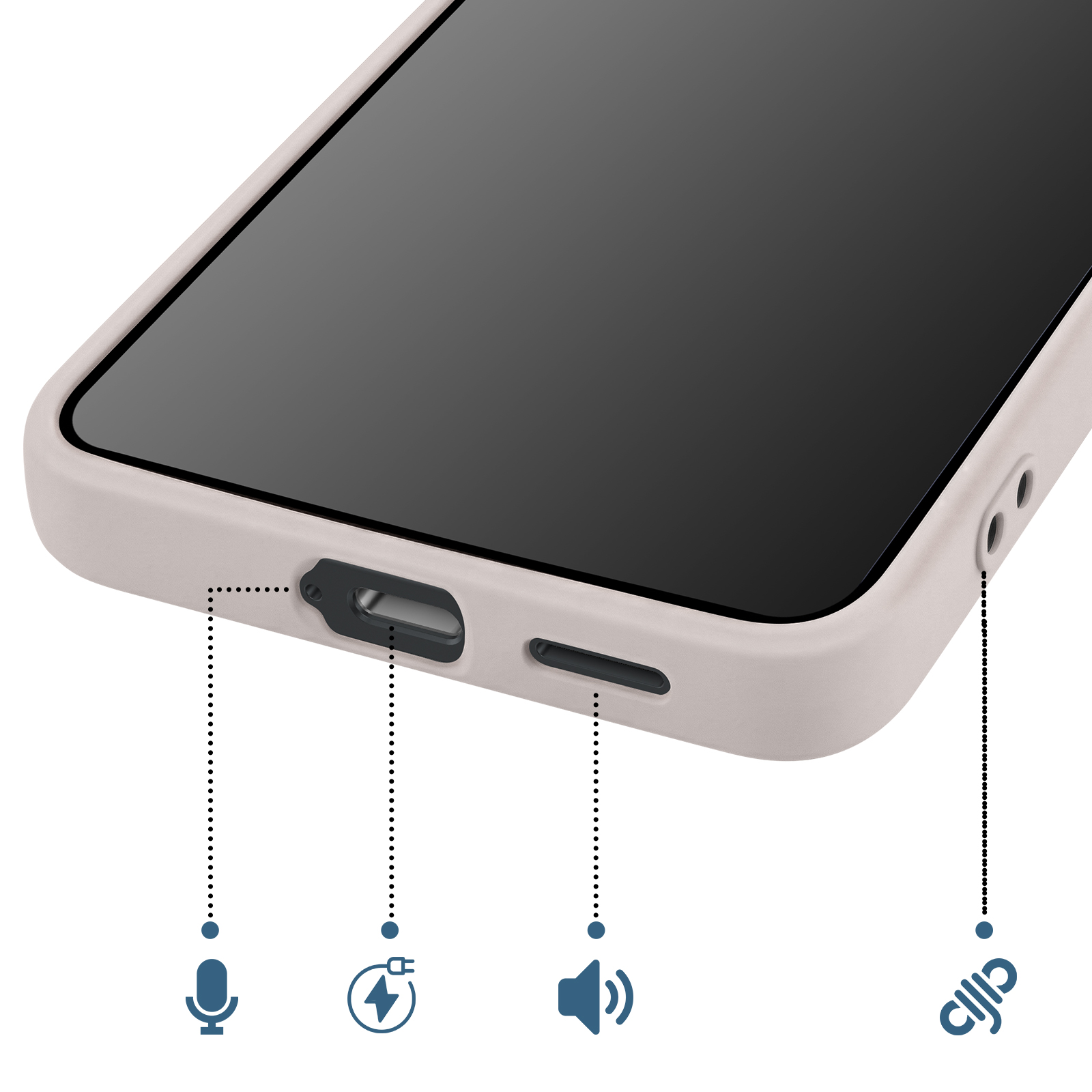 Telefoonhoes met poorten voor microfoon, opladen, luidspreker en koptelefoon.
