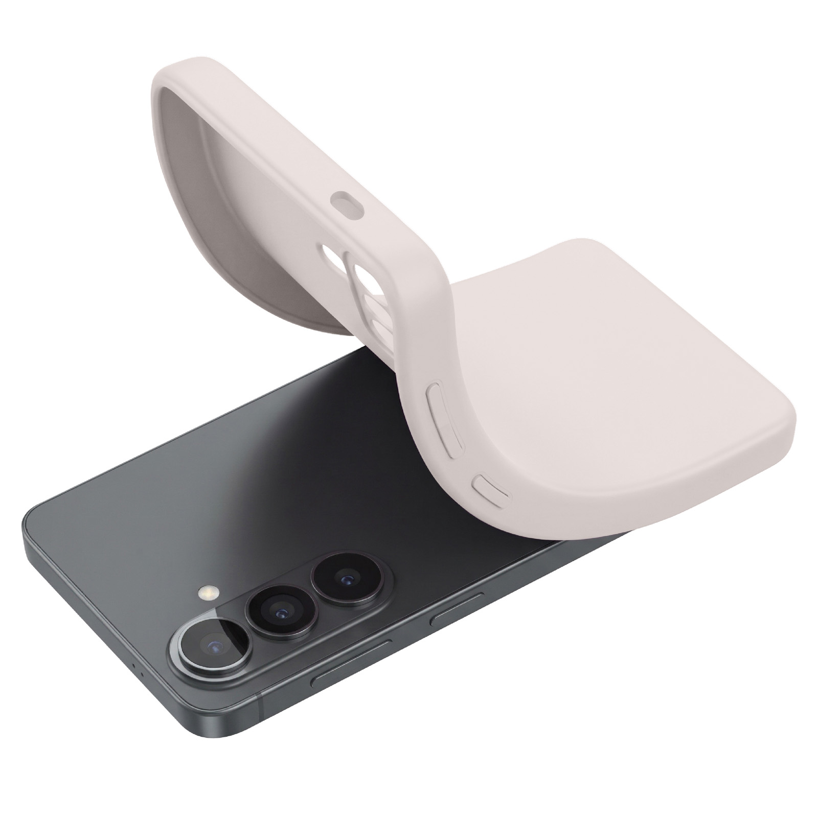 Een lichtbeige telefoonhoesje wordt over een grijze smartphone gelegd.