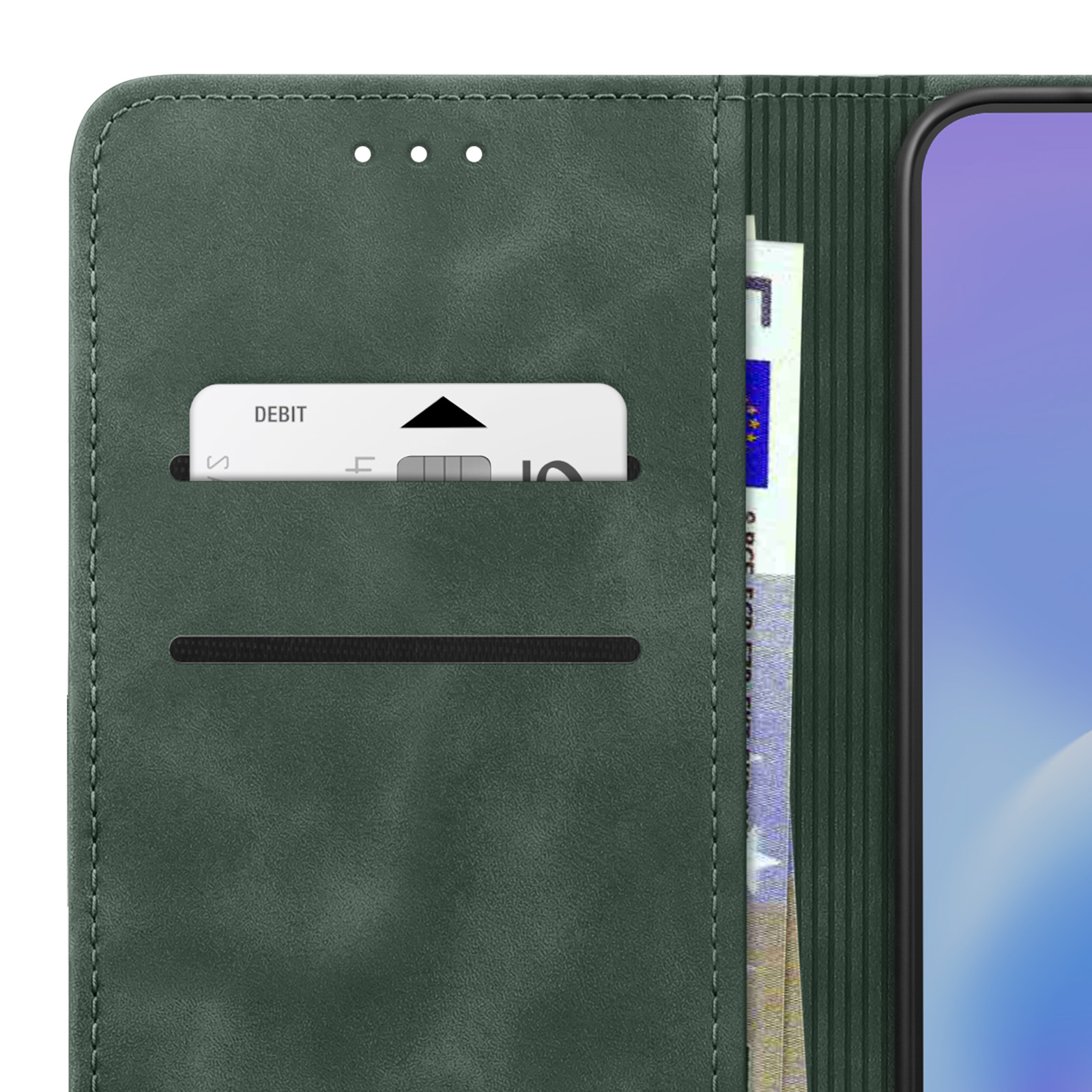 Grünes Wallet-Etui mit Kartenschlitz, Geldscheinen und Handy.