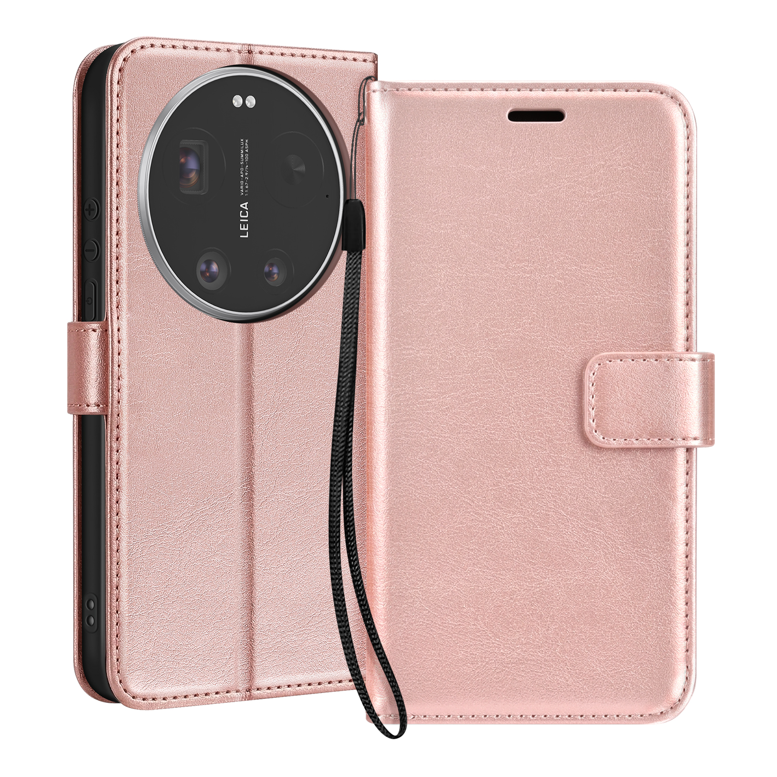 Un étui de téléphone rose doré avec un appareil photo Leica sur le côté gauche.