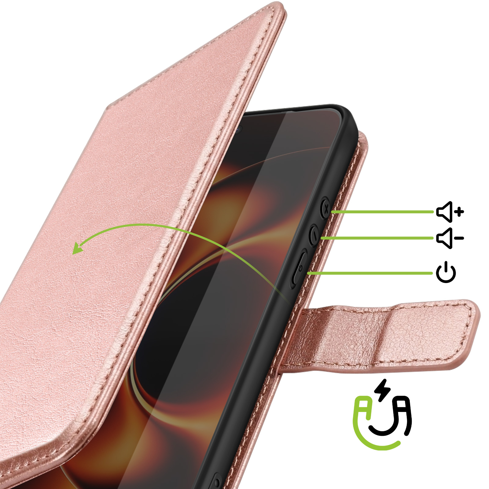 Un étui de téléphone à clapet rose doré s'ouvre, montrant une partie de l'écran et des boutons.