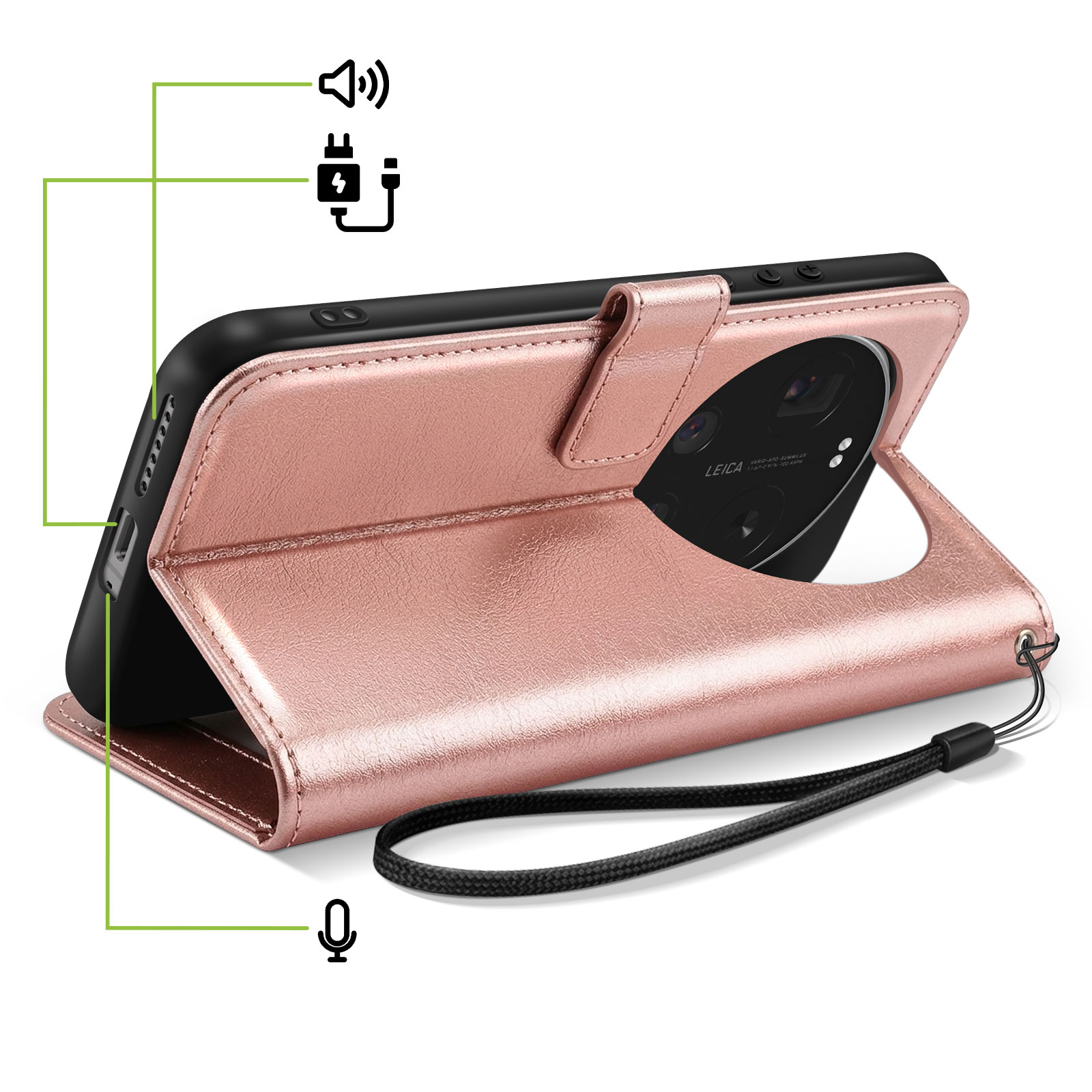 Un étui de téléphone rose doré avec support intégré, protection d'appareil photo et dragonne.