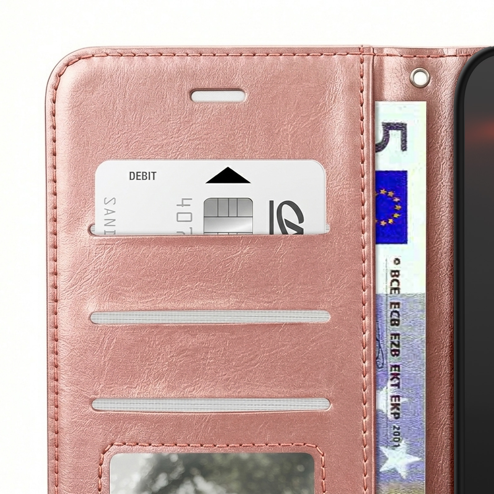 Étui de téléphone or rose avec fente pour carte et billet.
