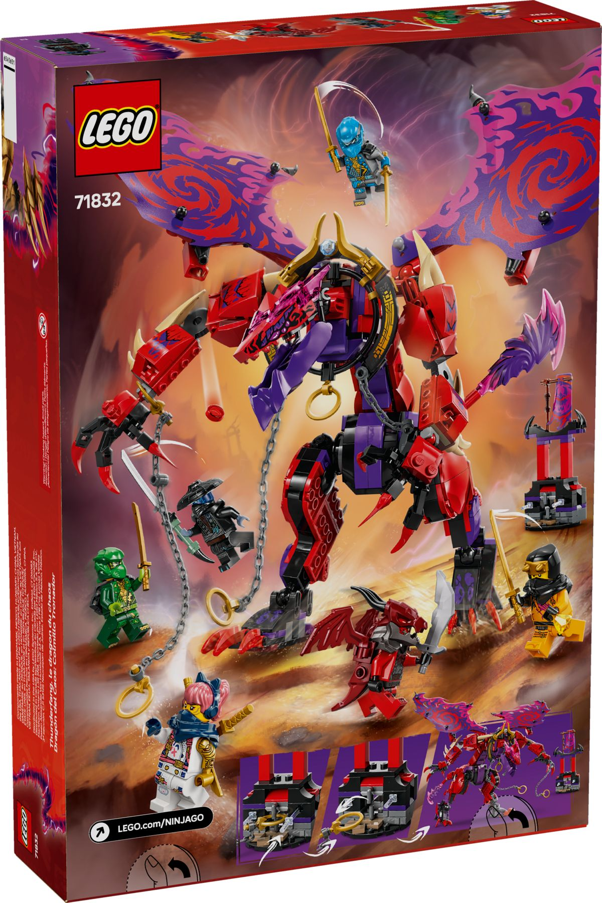 LEGO Ninjago Set 71832: Ein roter Drache mit lila Flügeln, Minifiguren und Zubehör.