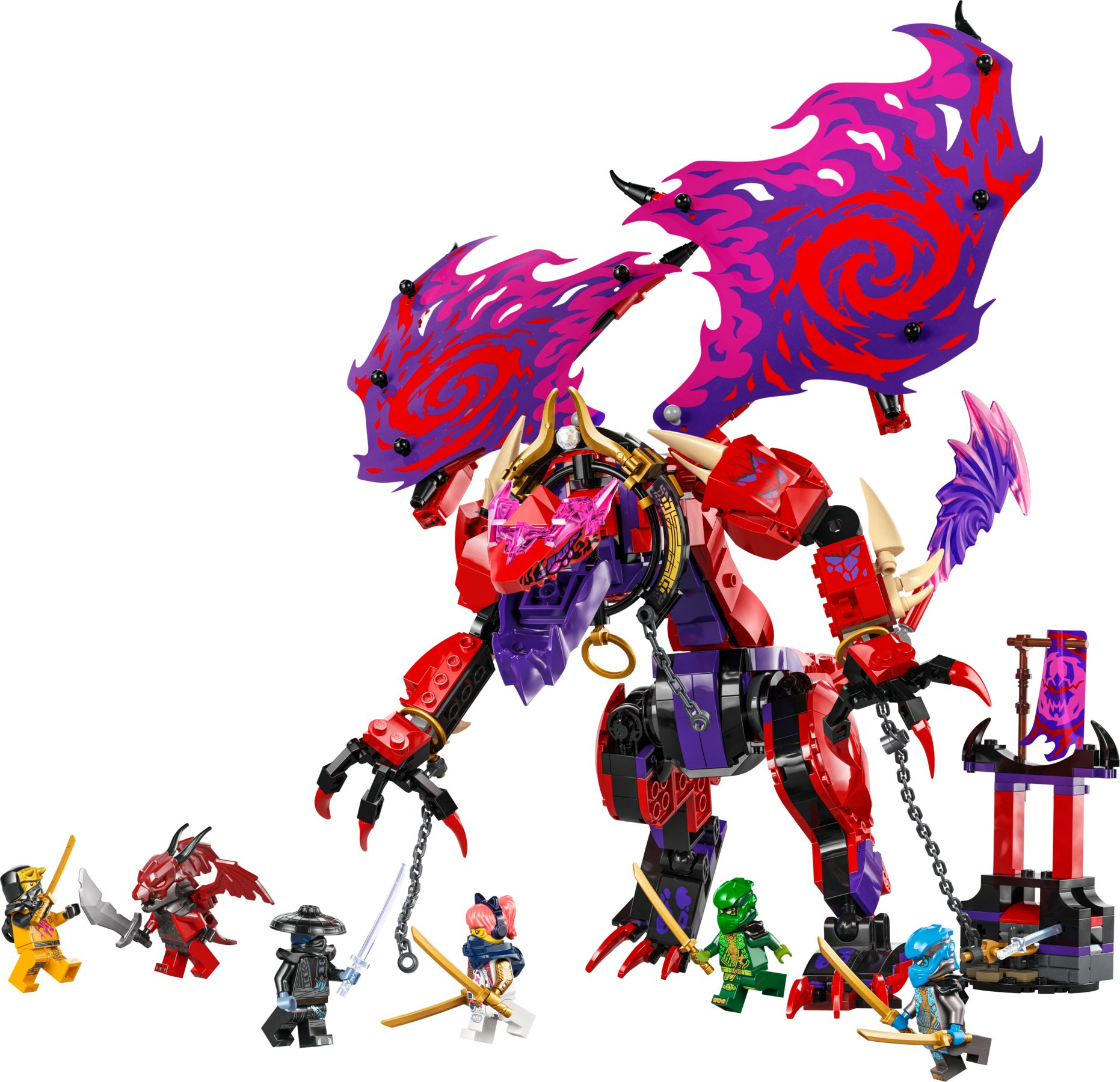 Ein roter Lego-Drache mit lila Flügeln und Figuren.