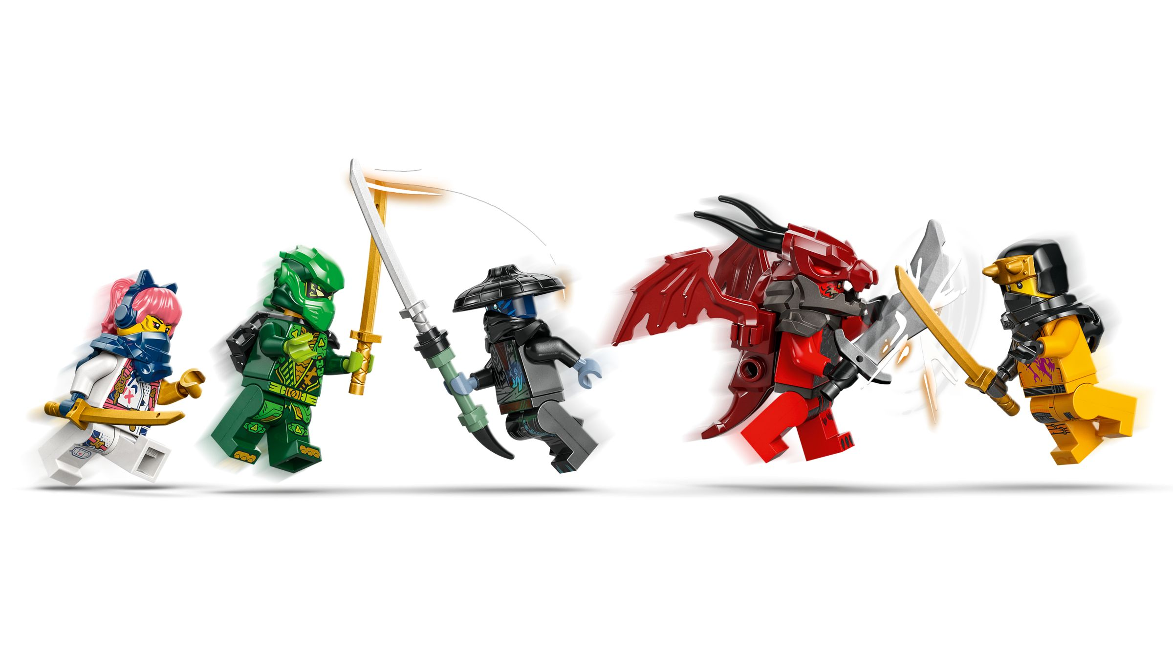 Fünf Ninjago-Figuren mit Waffen und ein roter Drache kämpfen.