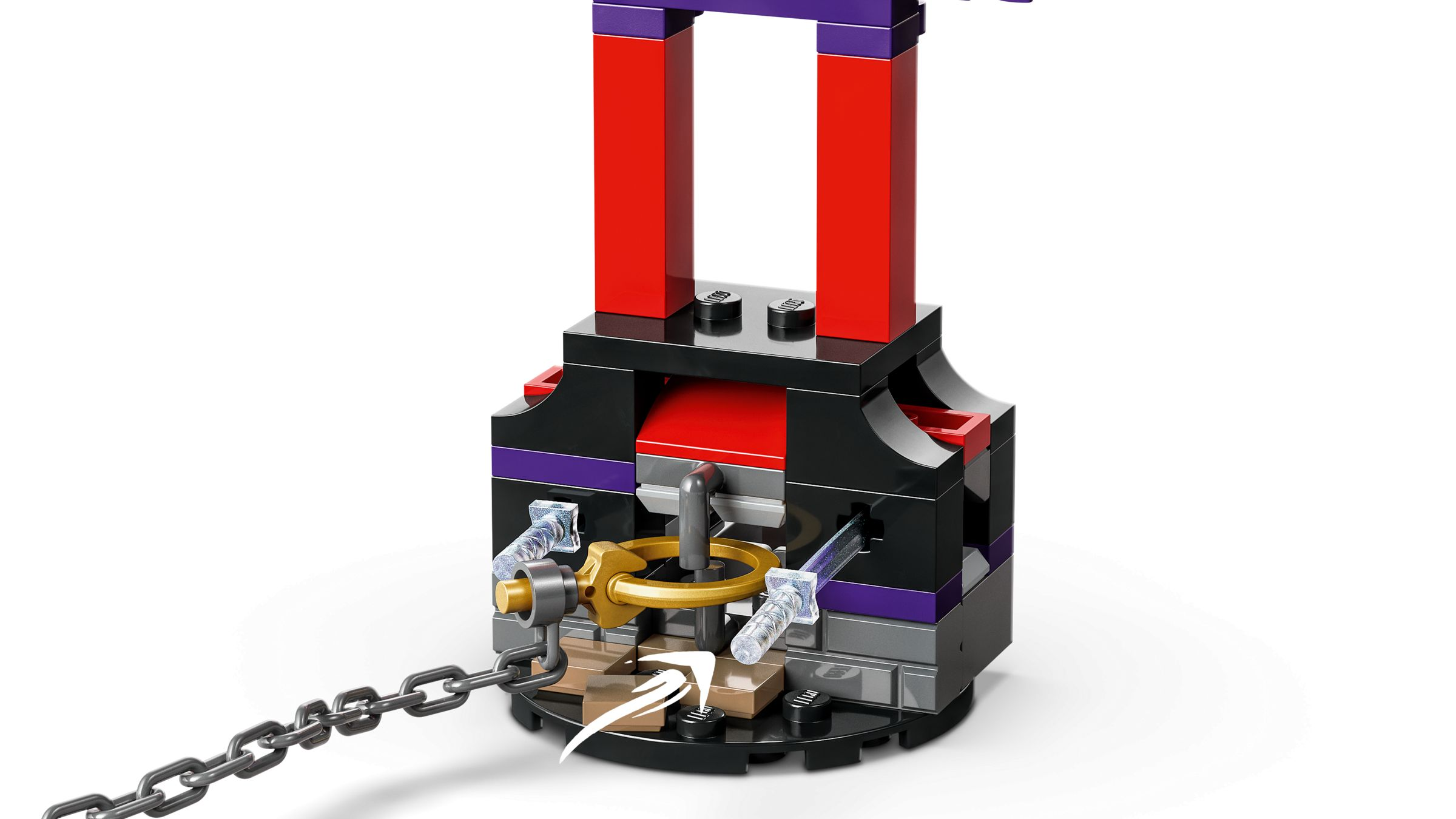 Ein goldenes Siegel mit zwei Klingen und einer Kette an einem schwarzen Lego-Sockel.