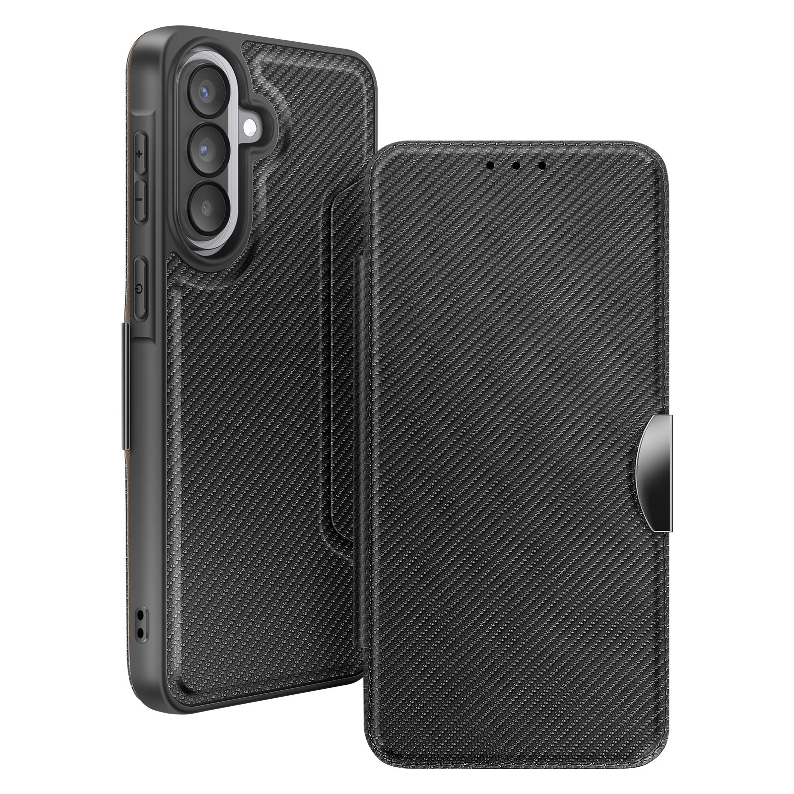 Custodia nera per telefono texture fibra di carbonio con tre fotocamere e flip.