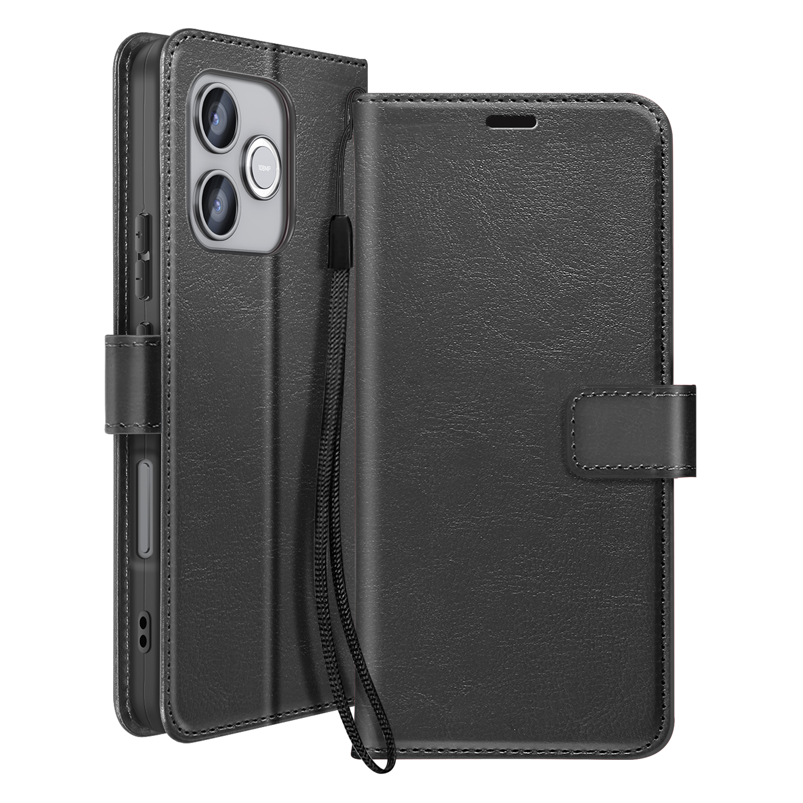 Pochette à rabat en cuir noir pour smartphone avec plusieurs objectifs.