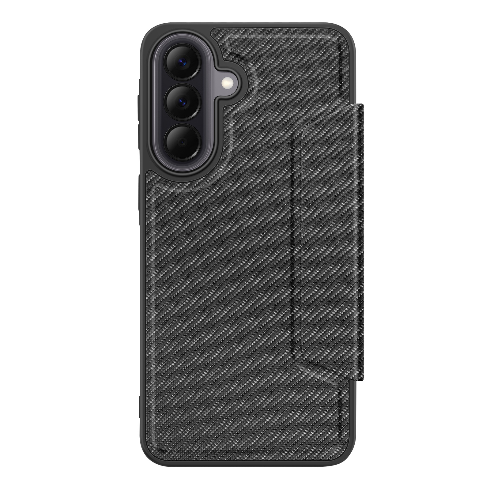 Custodia nera per telefono con texture in fibra di carbonio e tre fotocamere.