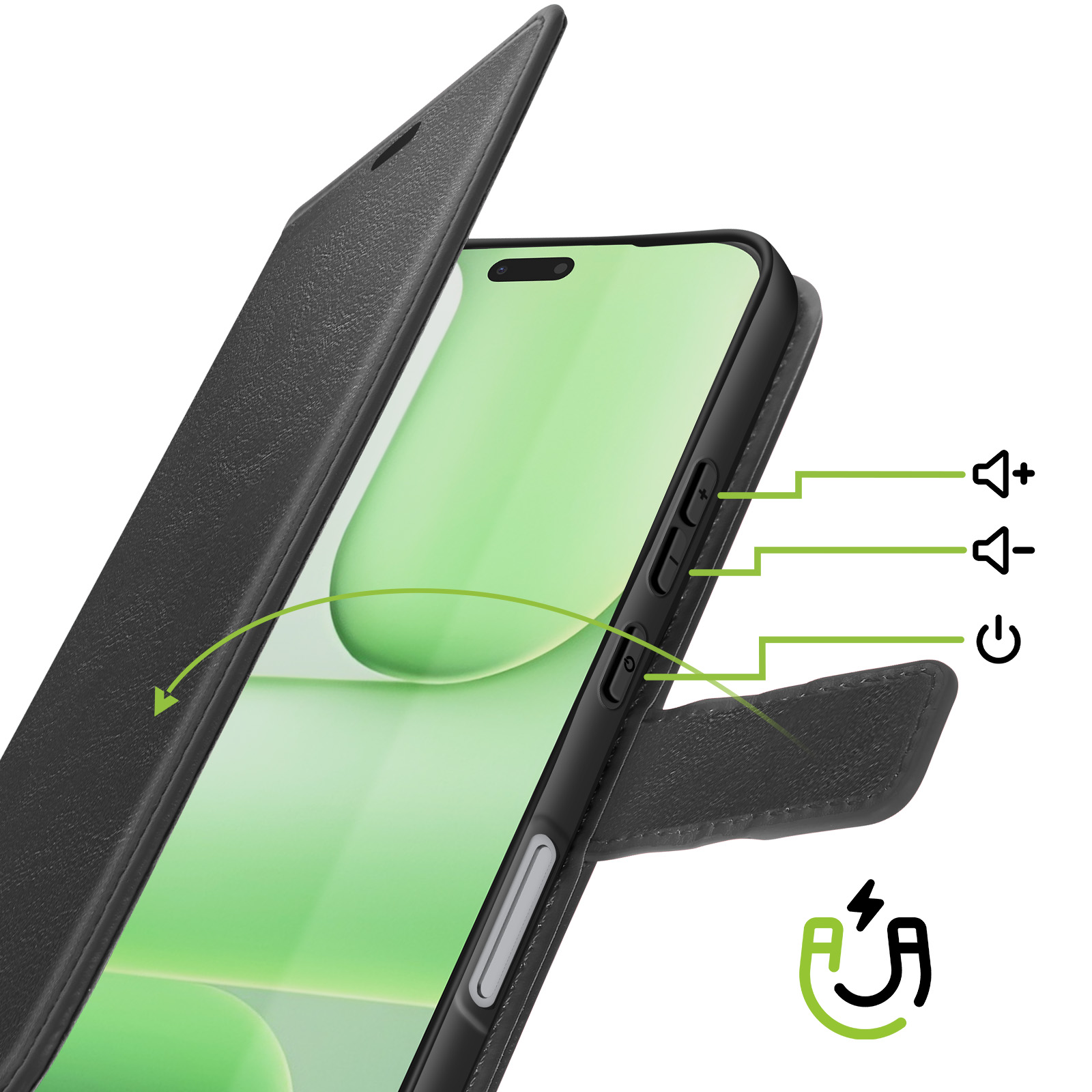 Téléphone noir avec couverture ouverte, boutons volume et alimentation visibles.