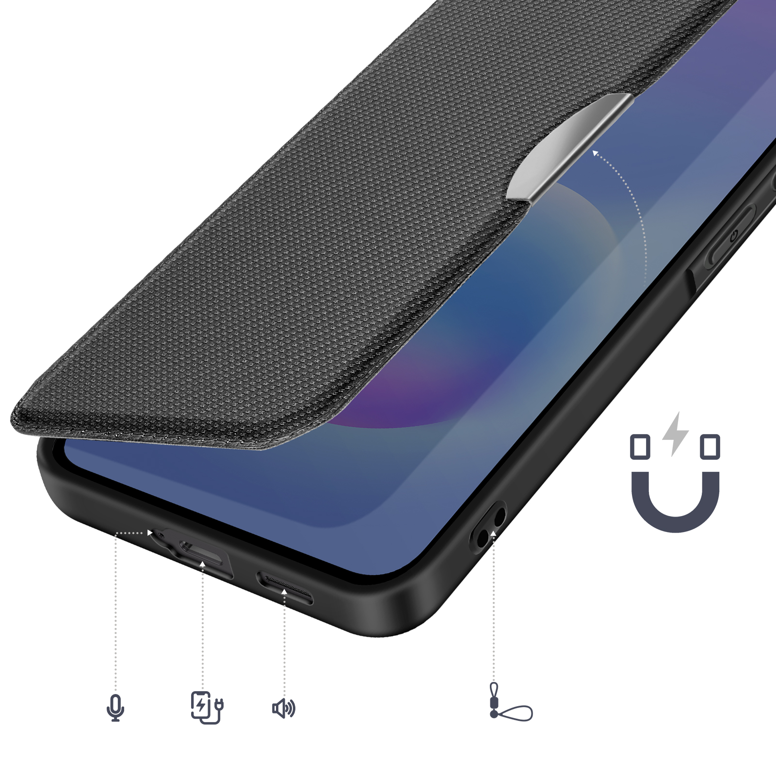 Custodia nera per telefono con funzione magnetica e icone microfono, ricarica, altoparlante.
