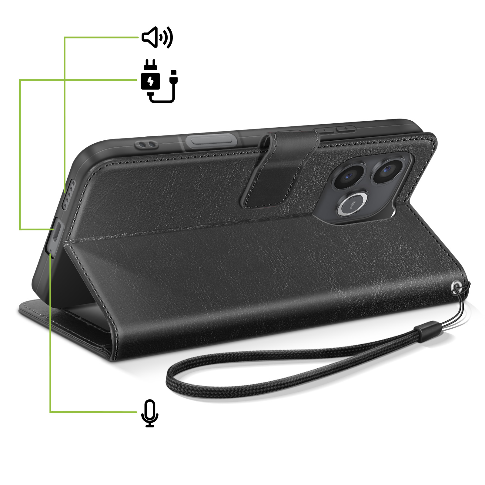 Coque de téléphone noire avec icônes haut-parleur, charge et micro.