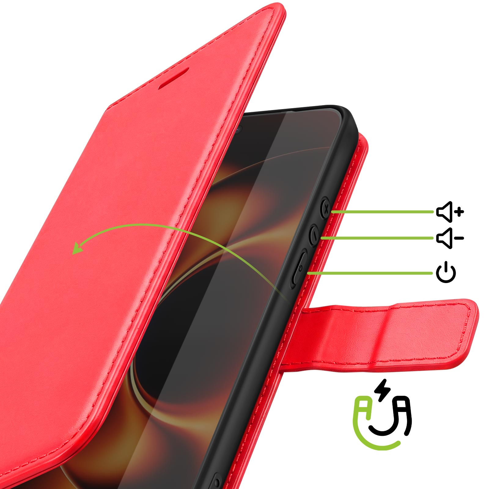 Rode telefoonhoes met magneetsluiting, toont volume- en aan/uit-knoppen.