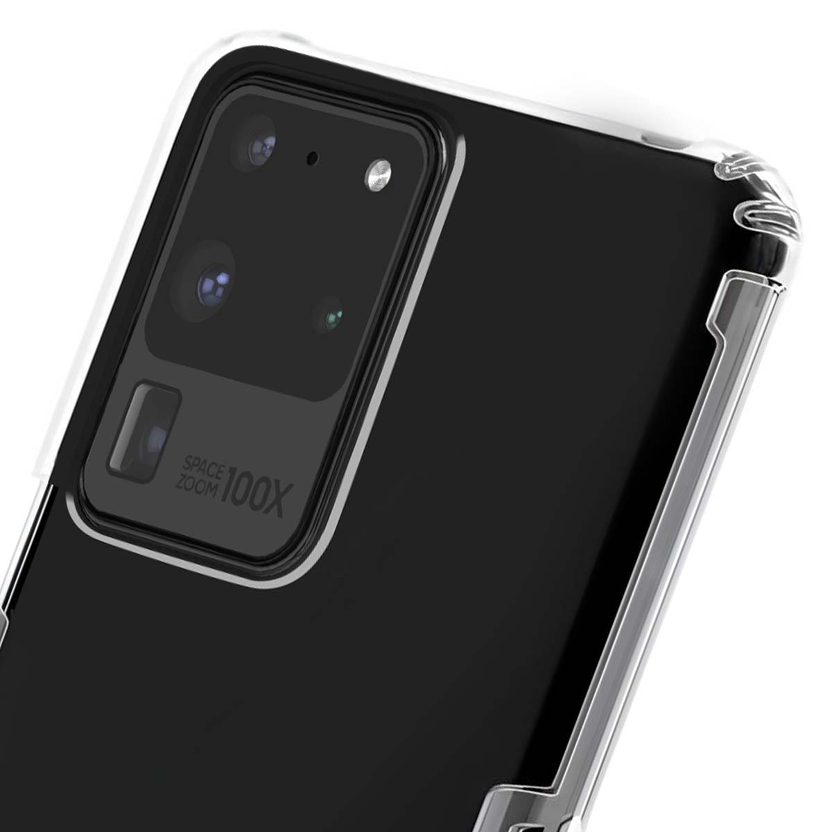 Uno smartphone nero in custodia trasparente, focalizzato sul modulo fotocamera.