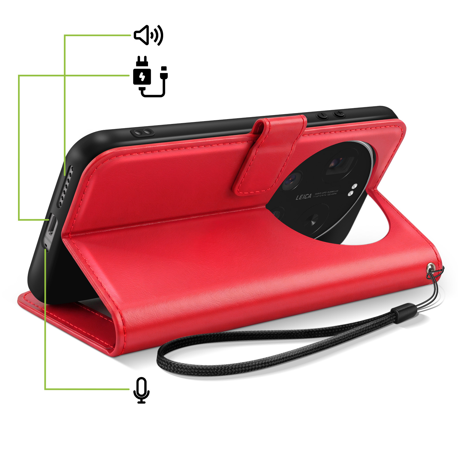Rode telefoonhoes met camera-eiland en koord. Iconen voor luidspreker, oplader en microfoon.