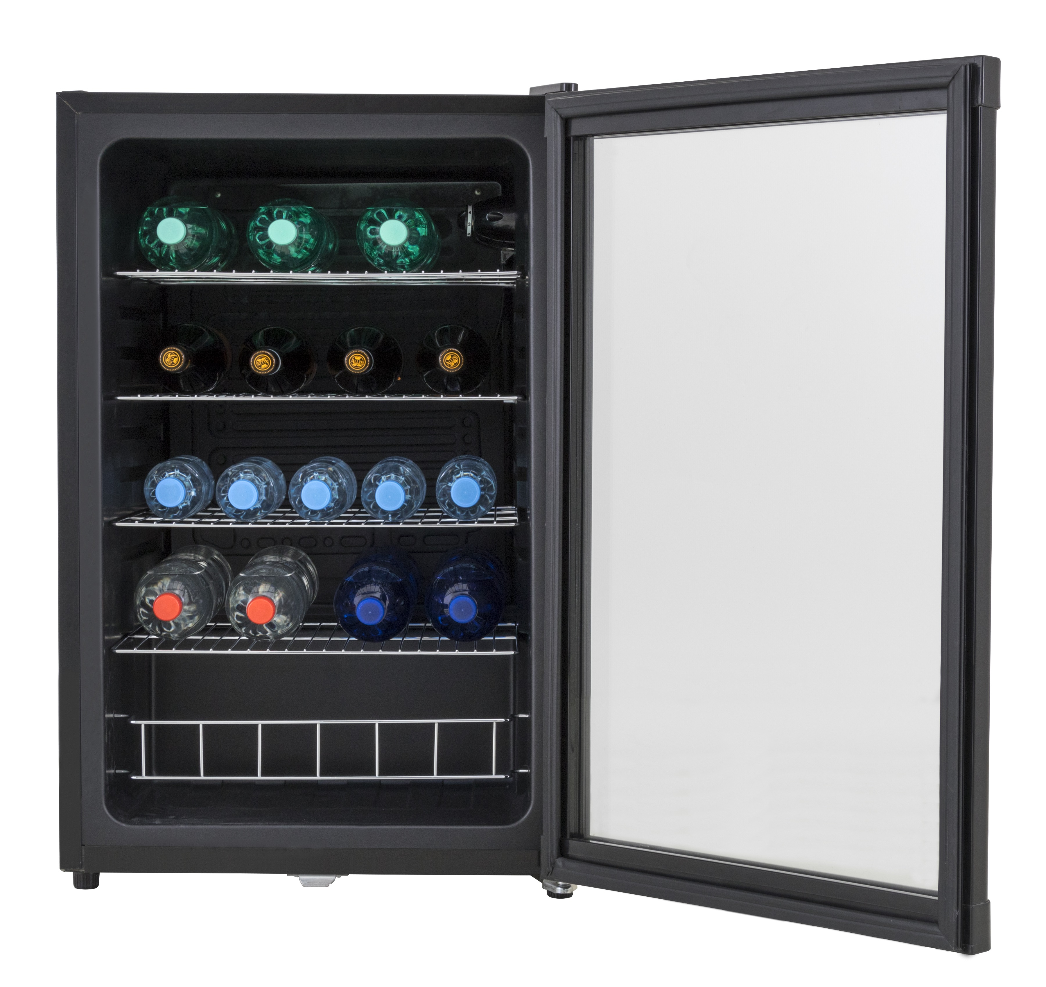 A black refrigerator with an open glass door, filled with bottles.