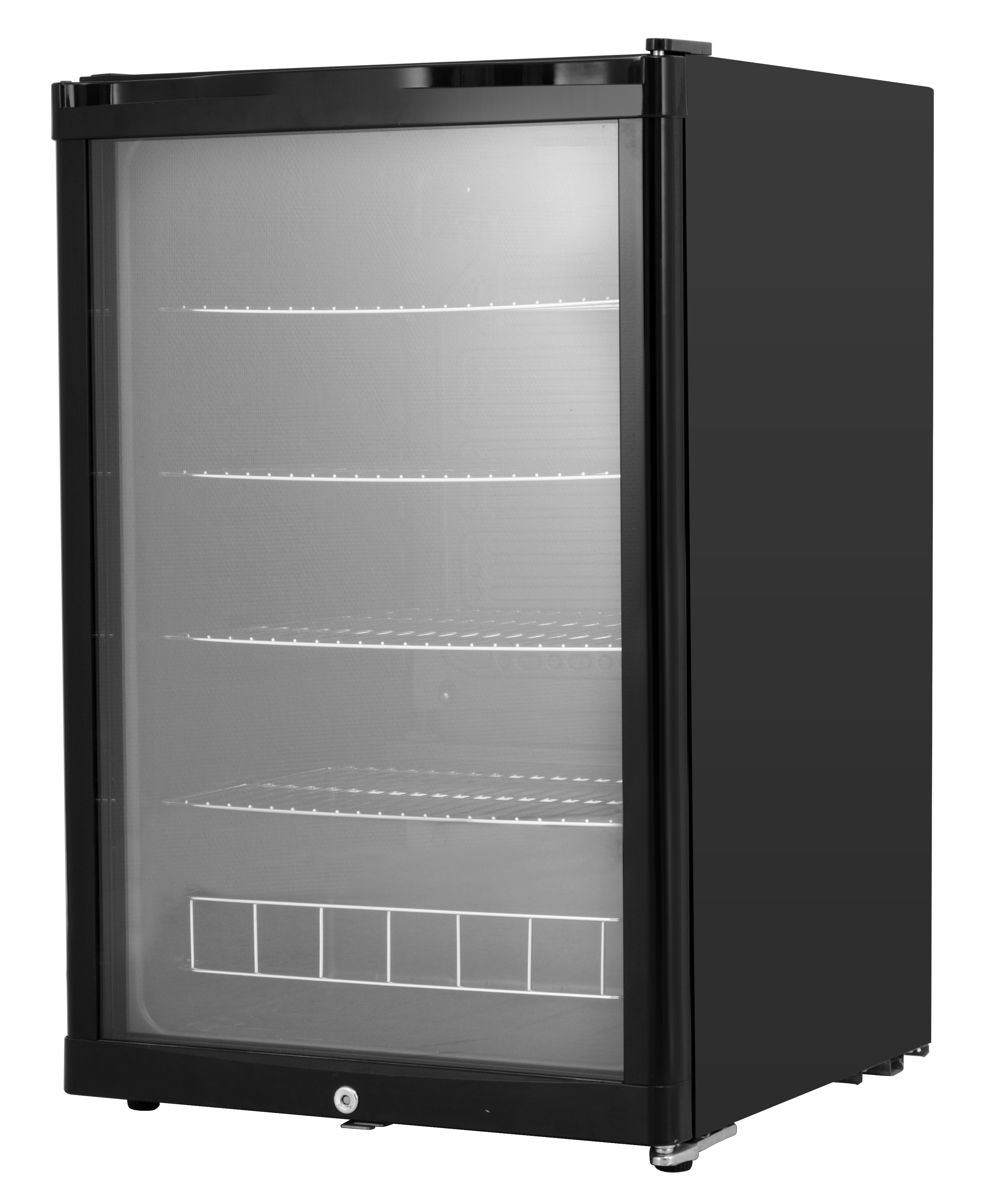 Black refrigerator with glass door and four shelves. White grid base at the bottom.