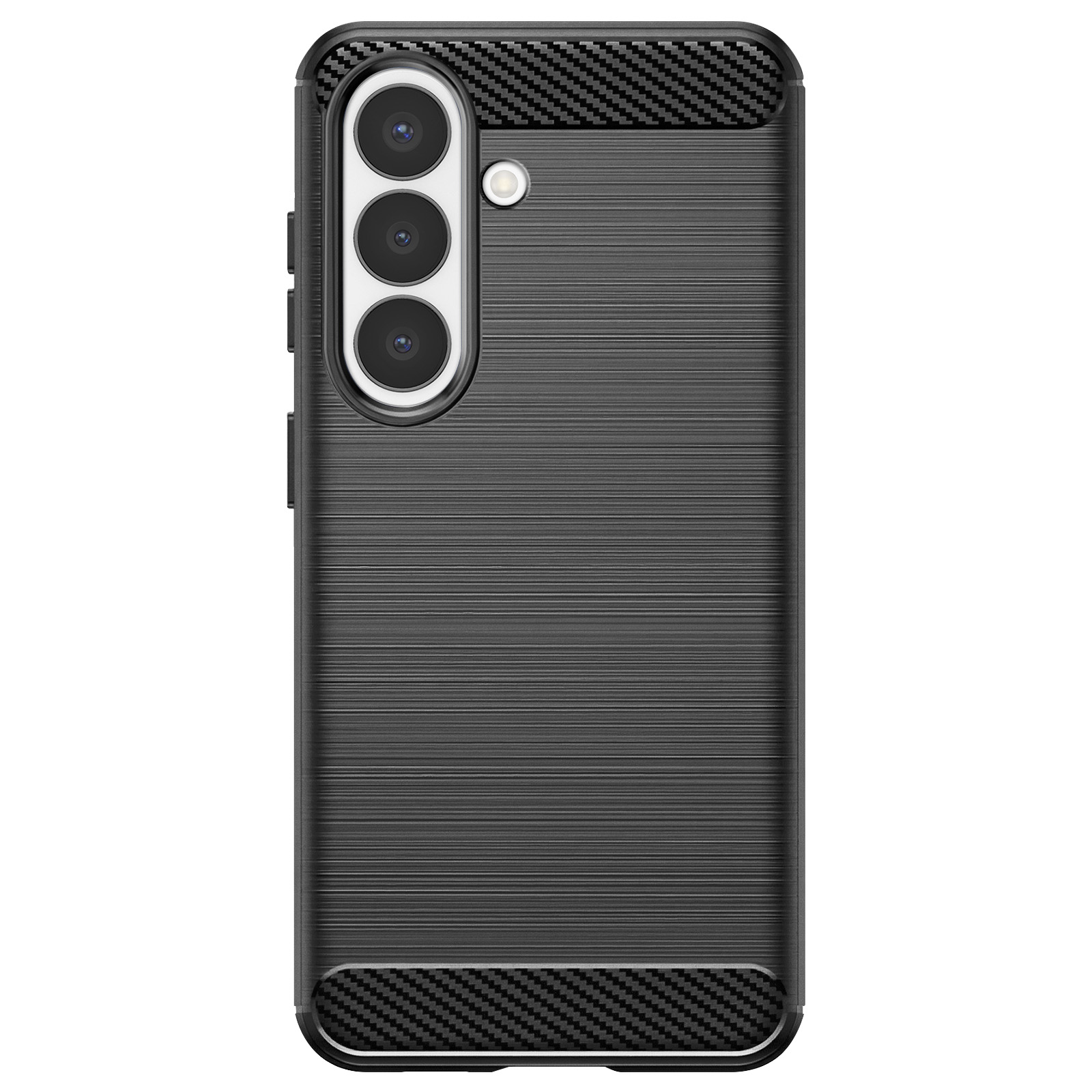 Custodia nera per telefono con texture spazzolata e accenti in fibra di carbonio.