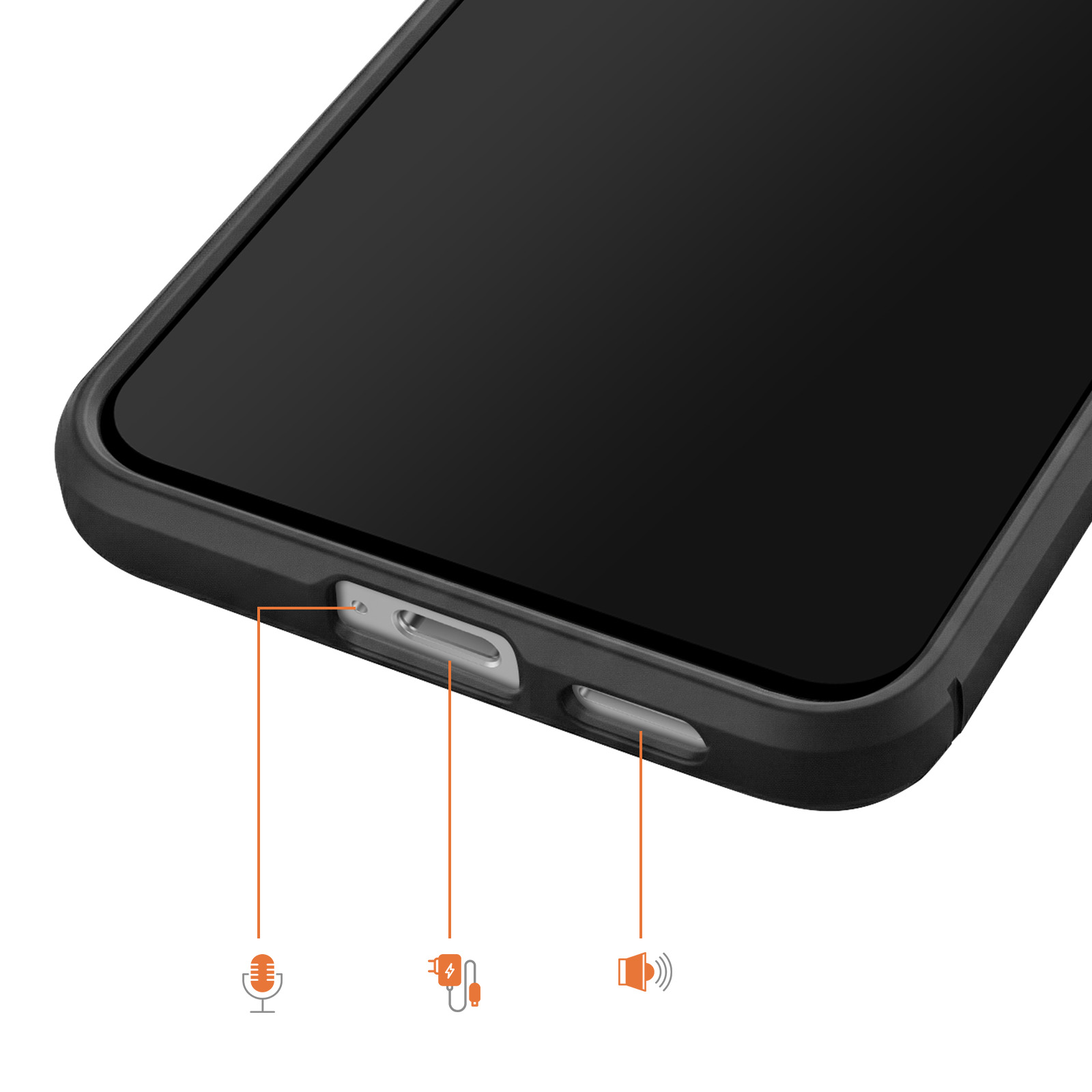 Primo piano di una custodia nera per smartphone che mostra porte e icone: microfono, caricatore, altoparlante.