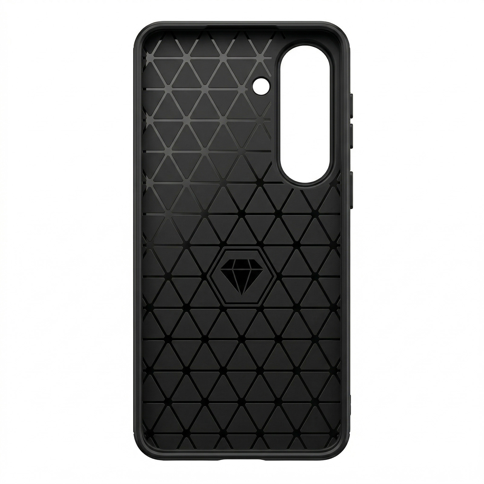Custodia nera per telefono con motivo triangolare e logo a diamante.