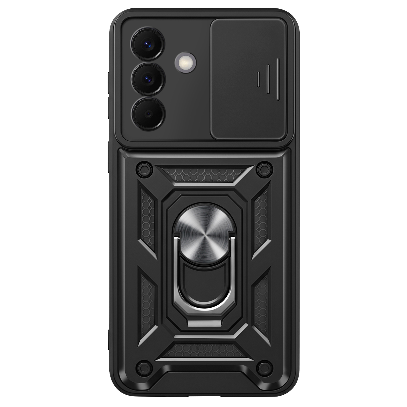 Coque de téléphone noire avec triple appareil photo, cache coulissant et support bague.