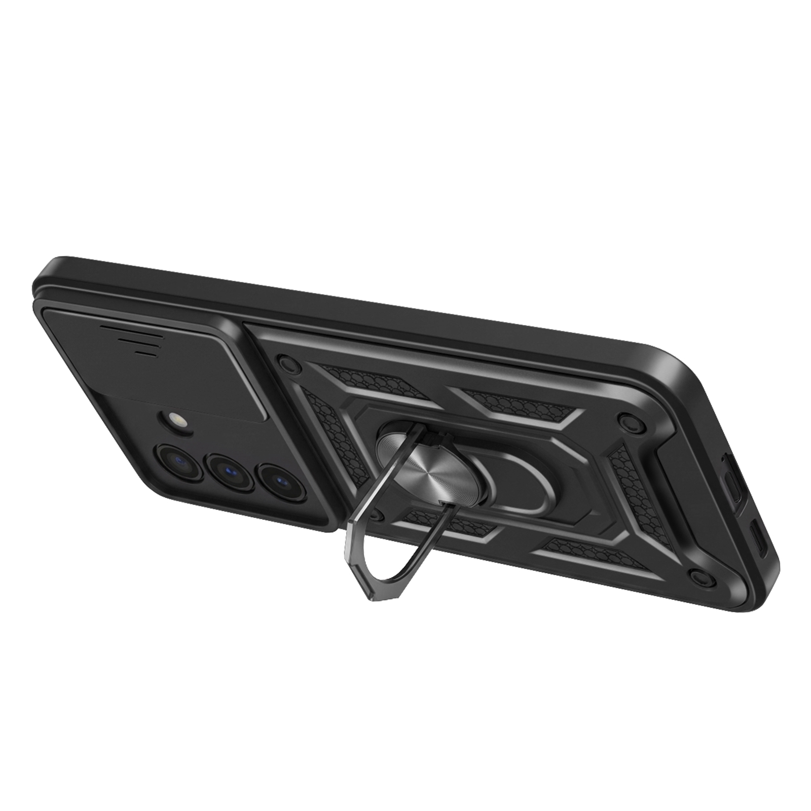 Coque de téléphone noire avec support anneau et cache-objectif.