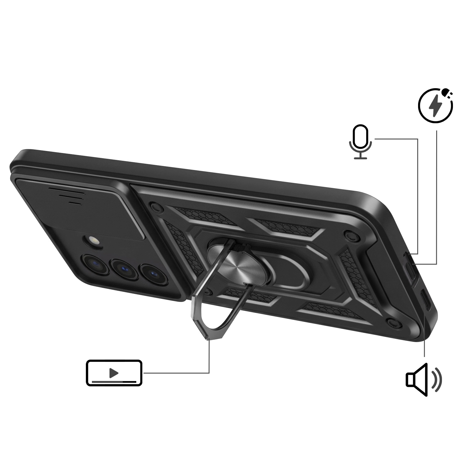 Coque de téléphone noire avec anneau, objectif de caméra et icônes.