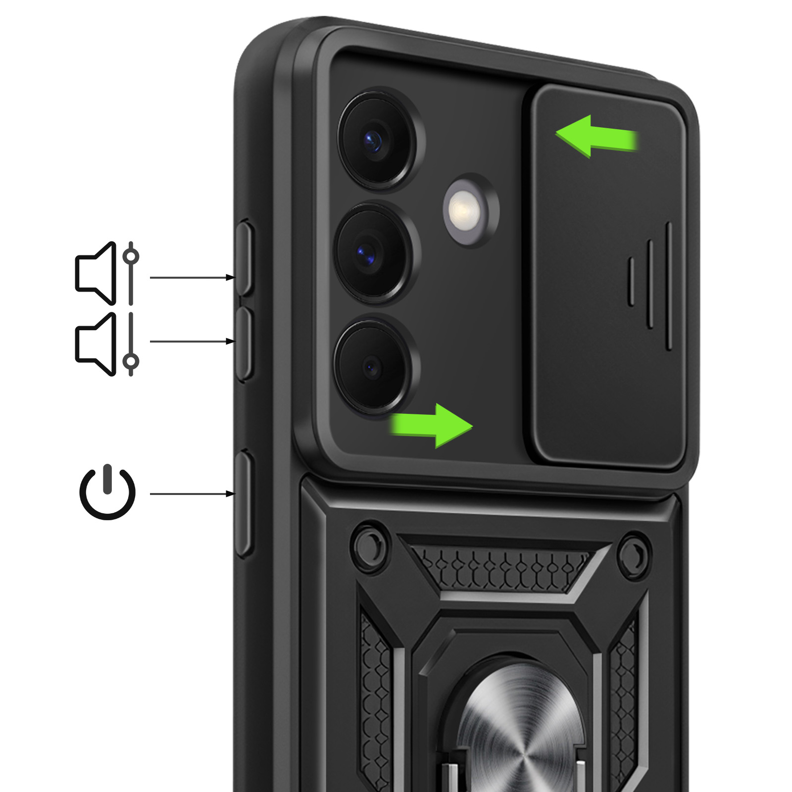 Coque de téléphone noire avec caméras, boutons, support annulaire et cache-caméra coulissant.