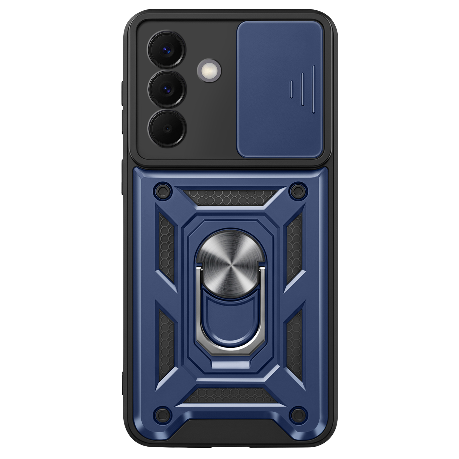 Une coque de téléphone bleue avec cache-appareil photo et anneau.