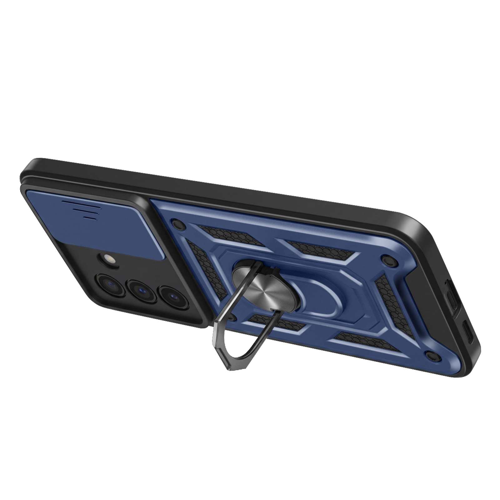 Une coque de téléphone bleue avec cadre noir et anneau intégré.