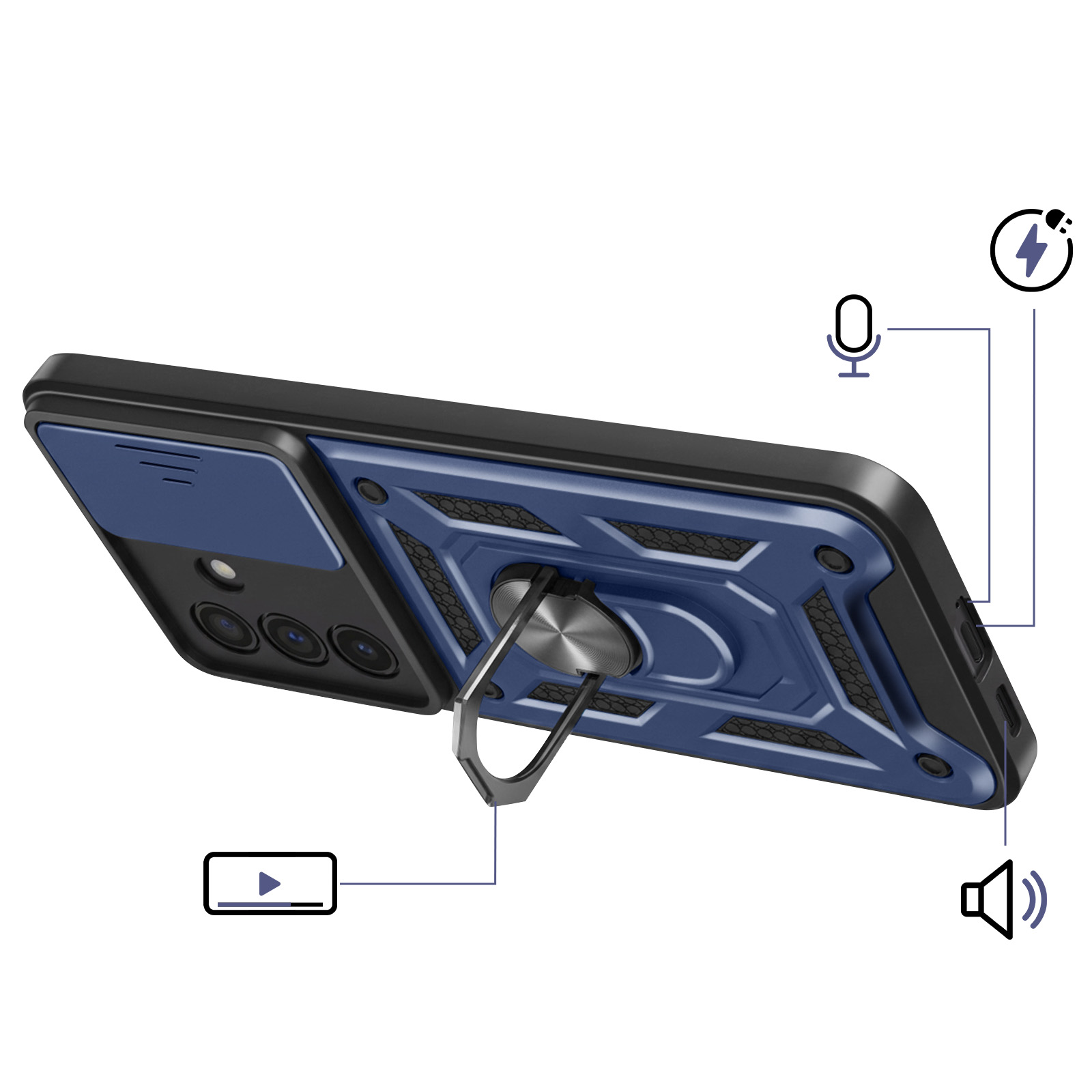 Coque de téléphone bleue avec support bague, trois caméras et icônes micro, charge et son.