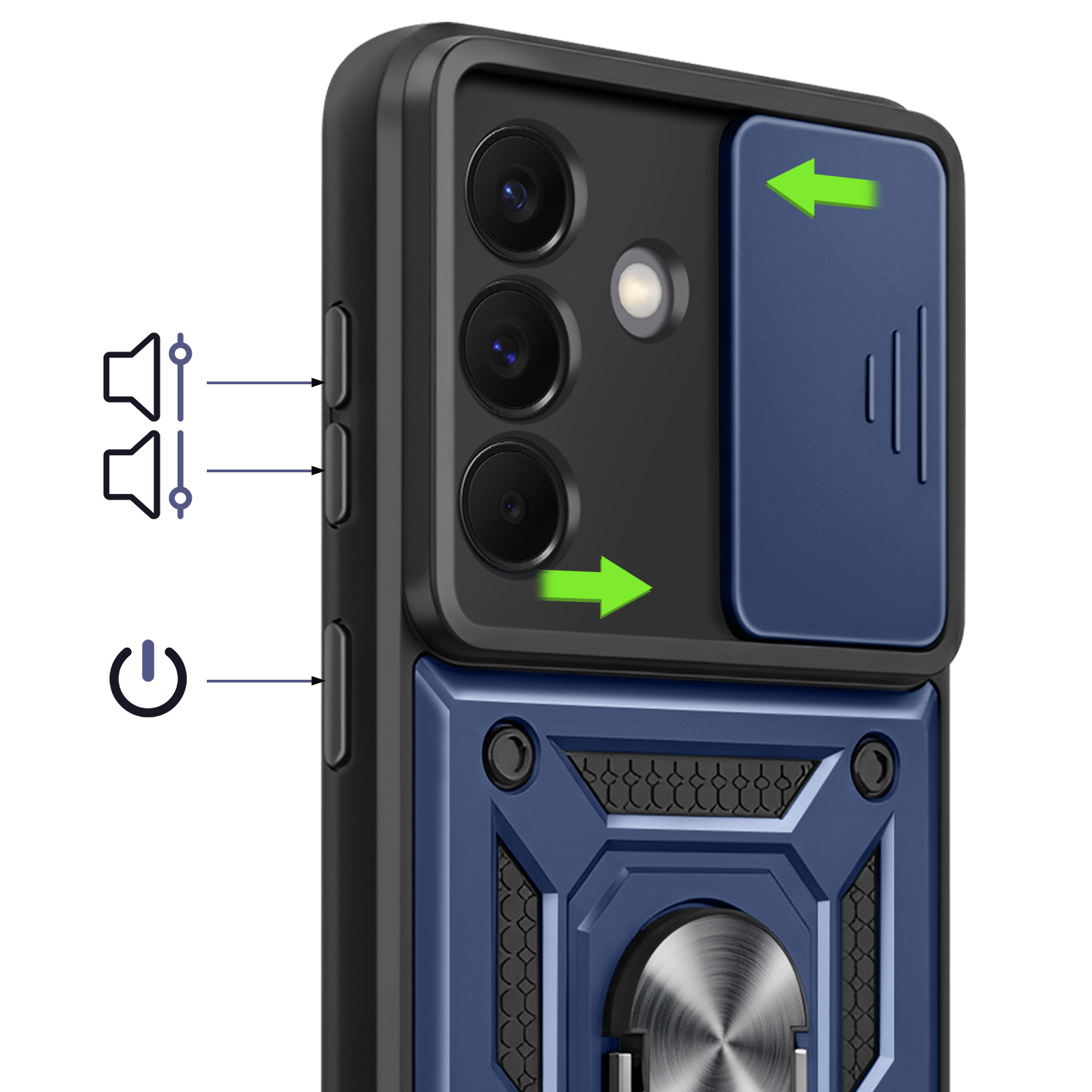 Arrière d'une coque de téléphone montrant caméras, boutons et curseur.
