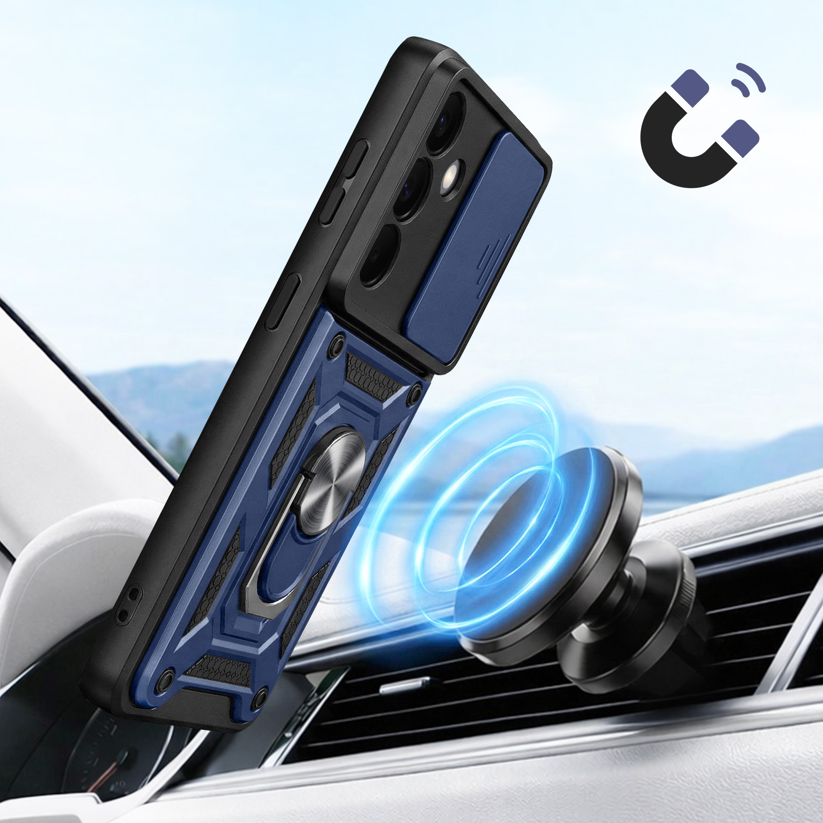 Coque de téléphone bleue avec support bague, fixée magnétiquement à la grille de ventilation.