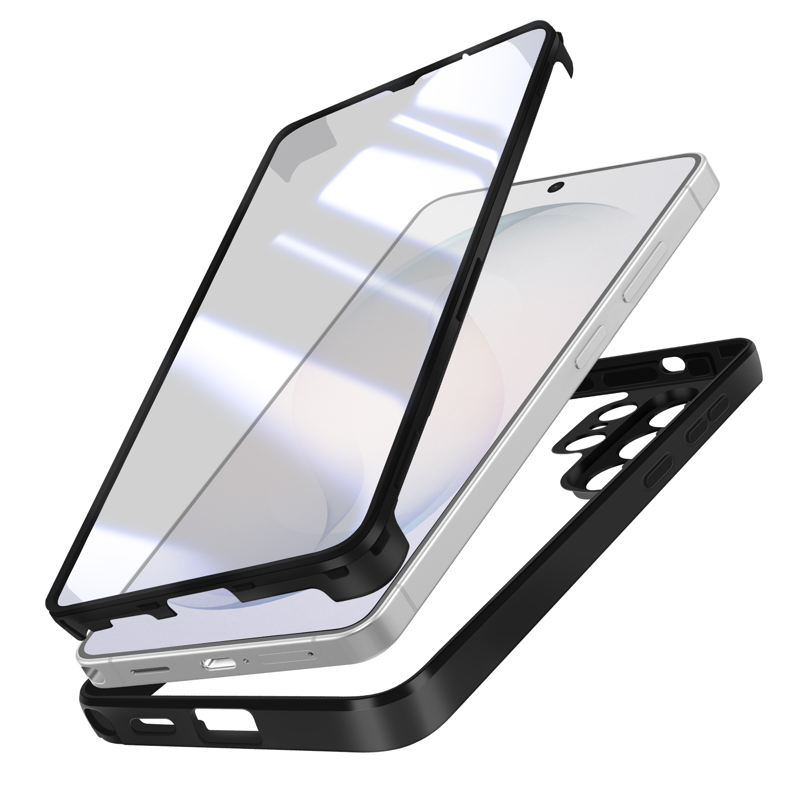Viene mostrato uno smartphone argentato con due custodie protettive nere.