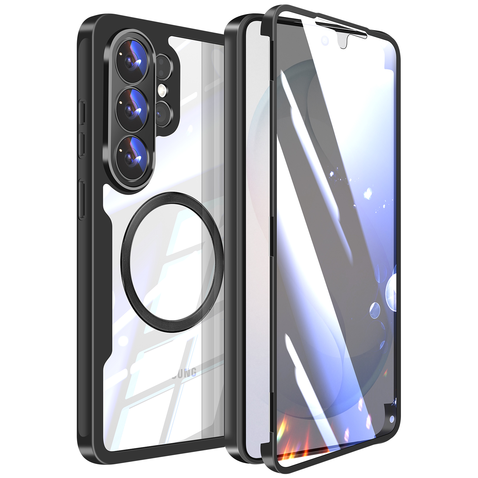 Una custodia nera per telefono con tre fotocamere e un design circolare.