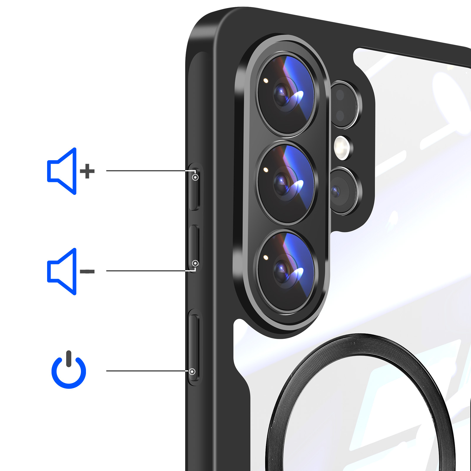Primo piano del retro di uno smartphone con fotocamere e pulsanti.