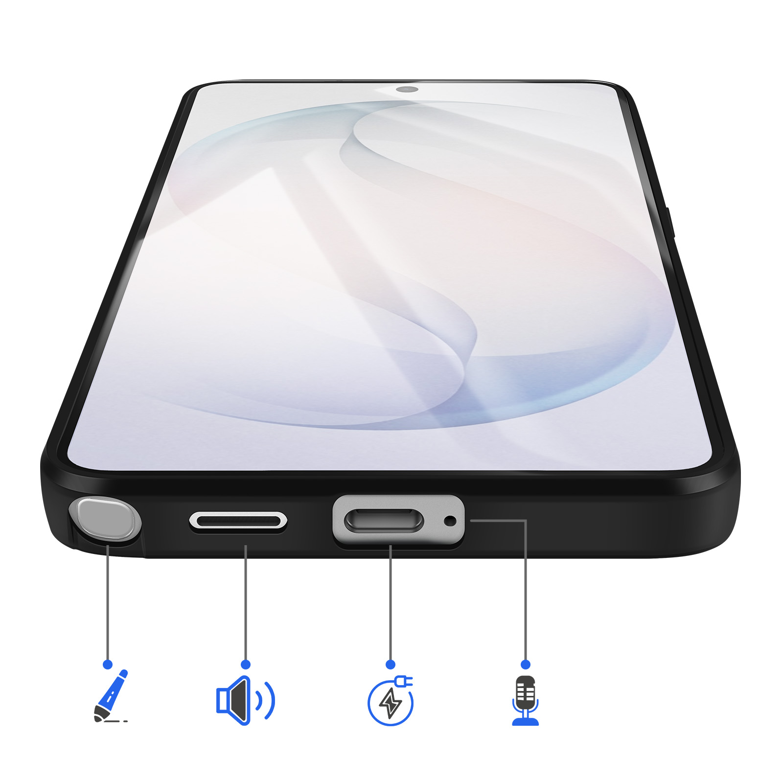 Uno smartphone nero con porte contrassegnate: penna, altoparlante, porta di ricarica, microfono.