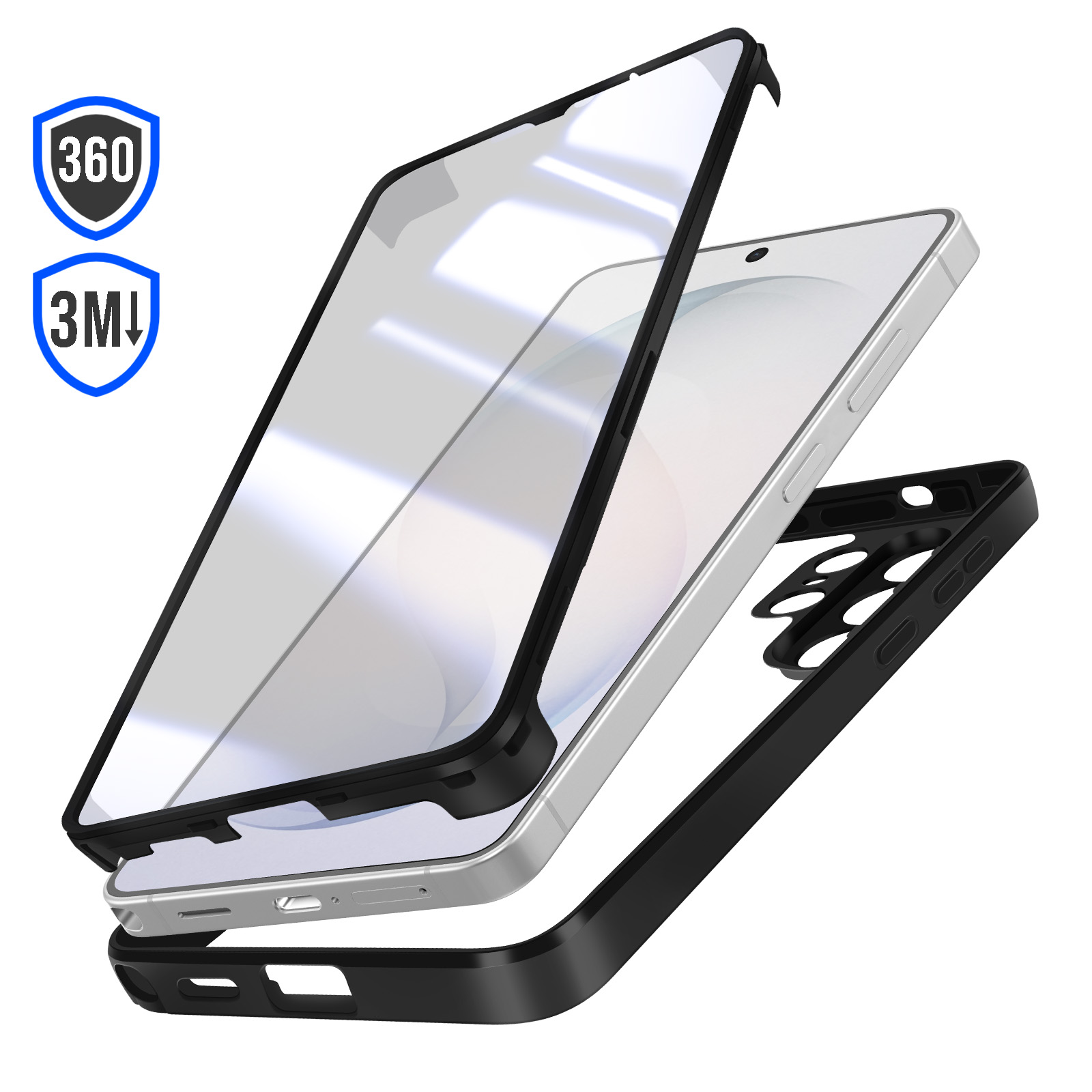 Uno smartphone argentato con custodia protettiva trasparente e nera, smontata. Due scudi con testo.