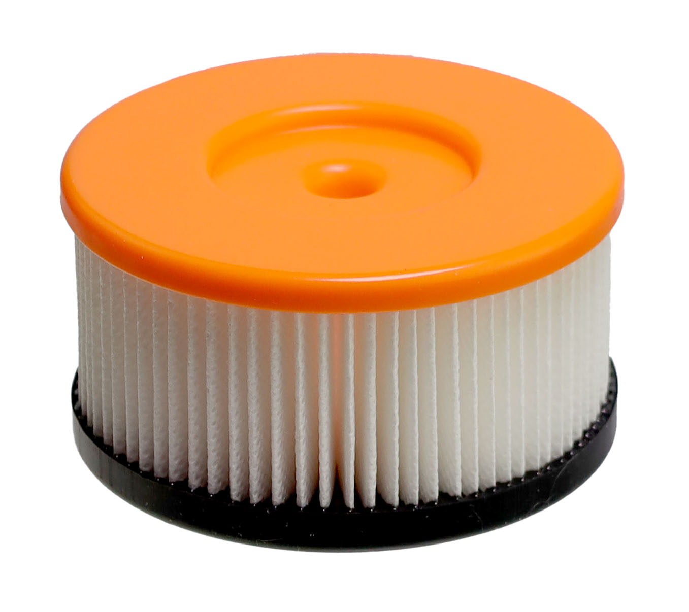 Ein runder, weißer Papierfilter mit orangefarbener Oberseite und schwarzer Basis.