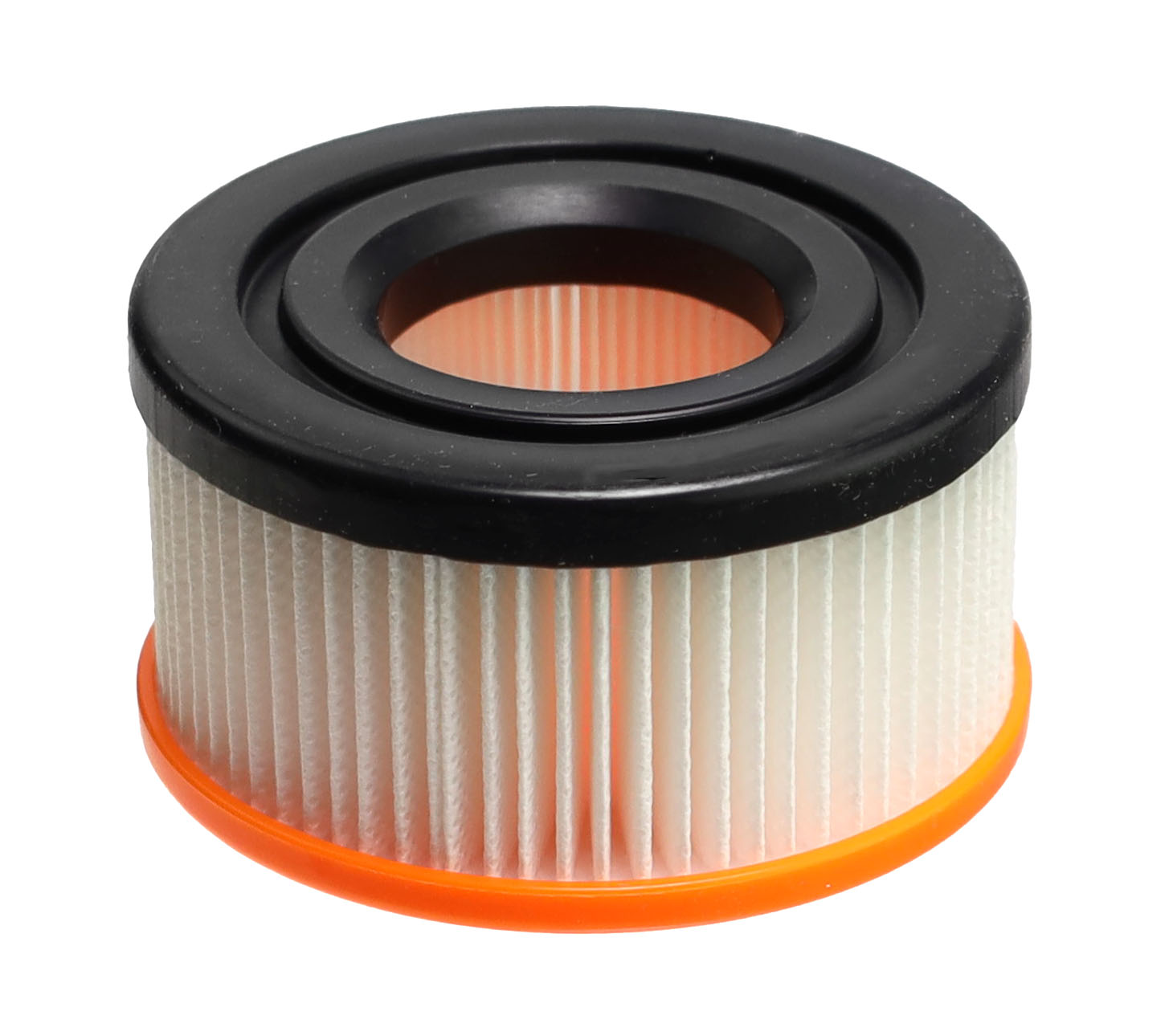 Zylindrischer Luftfilter mit weißem Faltenpapier, schwarzer Oberseite und orangefarbener Basis.