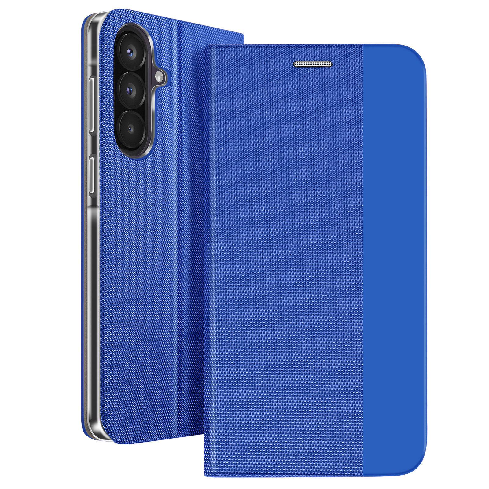 Custodia blu per telefono con ritaglio fotocamera e flip cover.